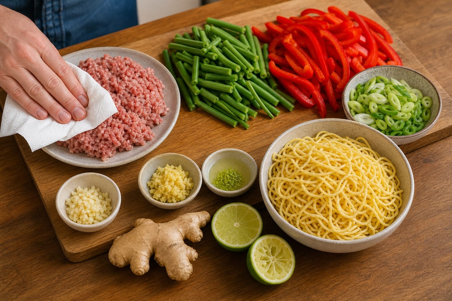 Ginger Pork Noodle Stir-Fry with Green Beans and Peppers cooking step 1: Prepare the stir-fry.