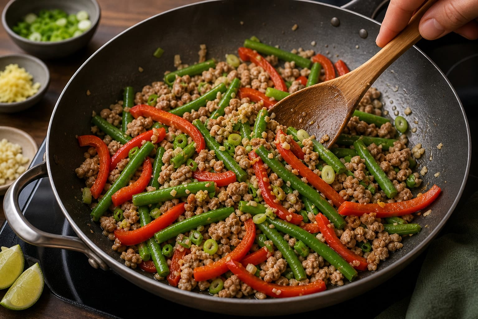Ginger Pork Noodle Stir-Fry with Green Beans and Peppers cooking step 4: Add vegetables and aromatics.