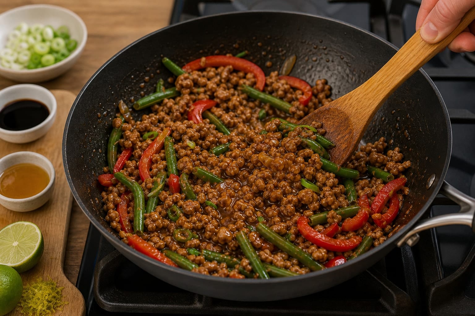 Ginger Pork Noodle Stir-Fry with Green Beans and Peppers cooking step 5: Make it glossy.