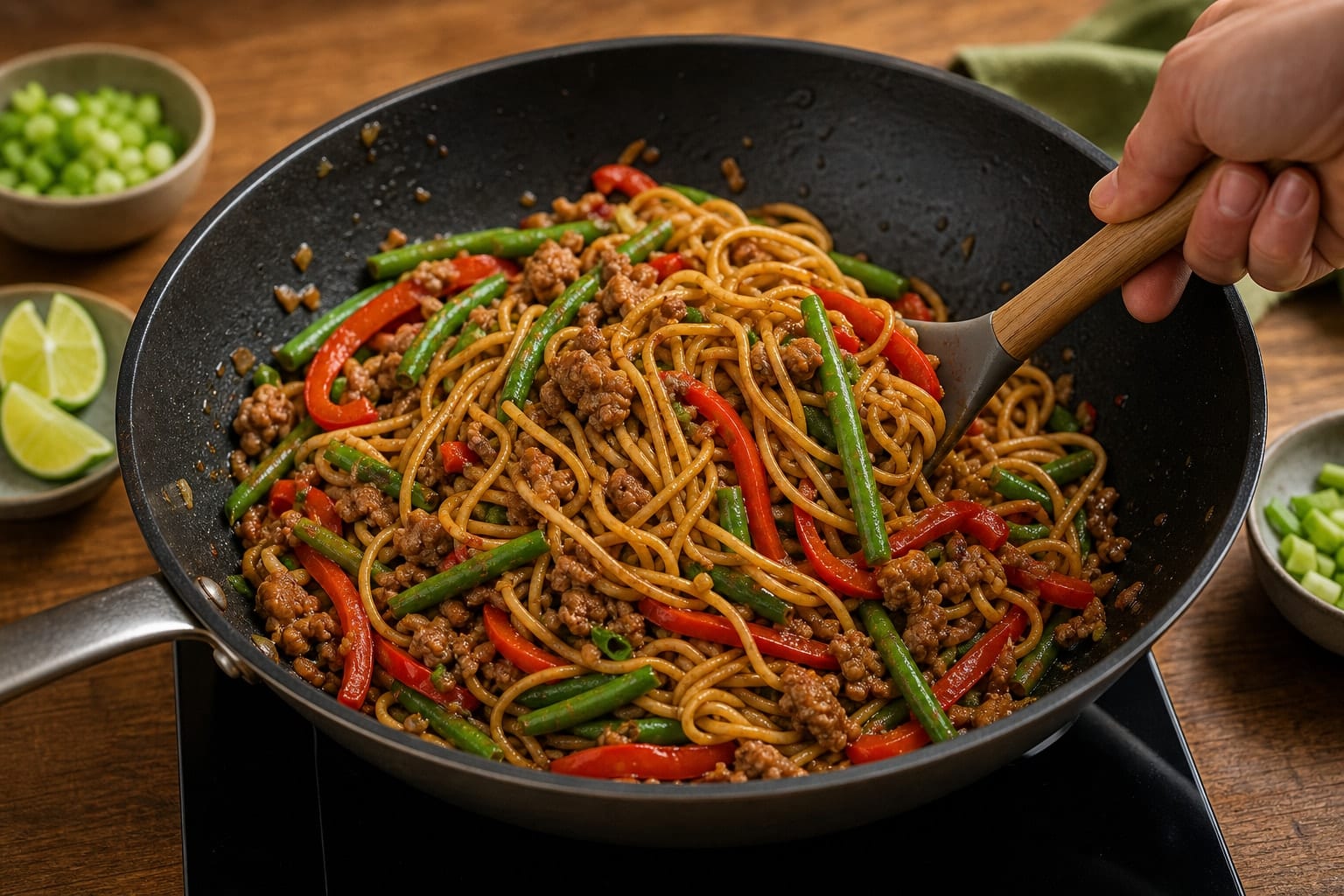 Ginger Pork Noodle Stir-Fry with Green Beans and Peppers cooking step 6: Toss the noodles.
