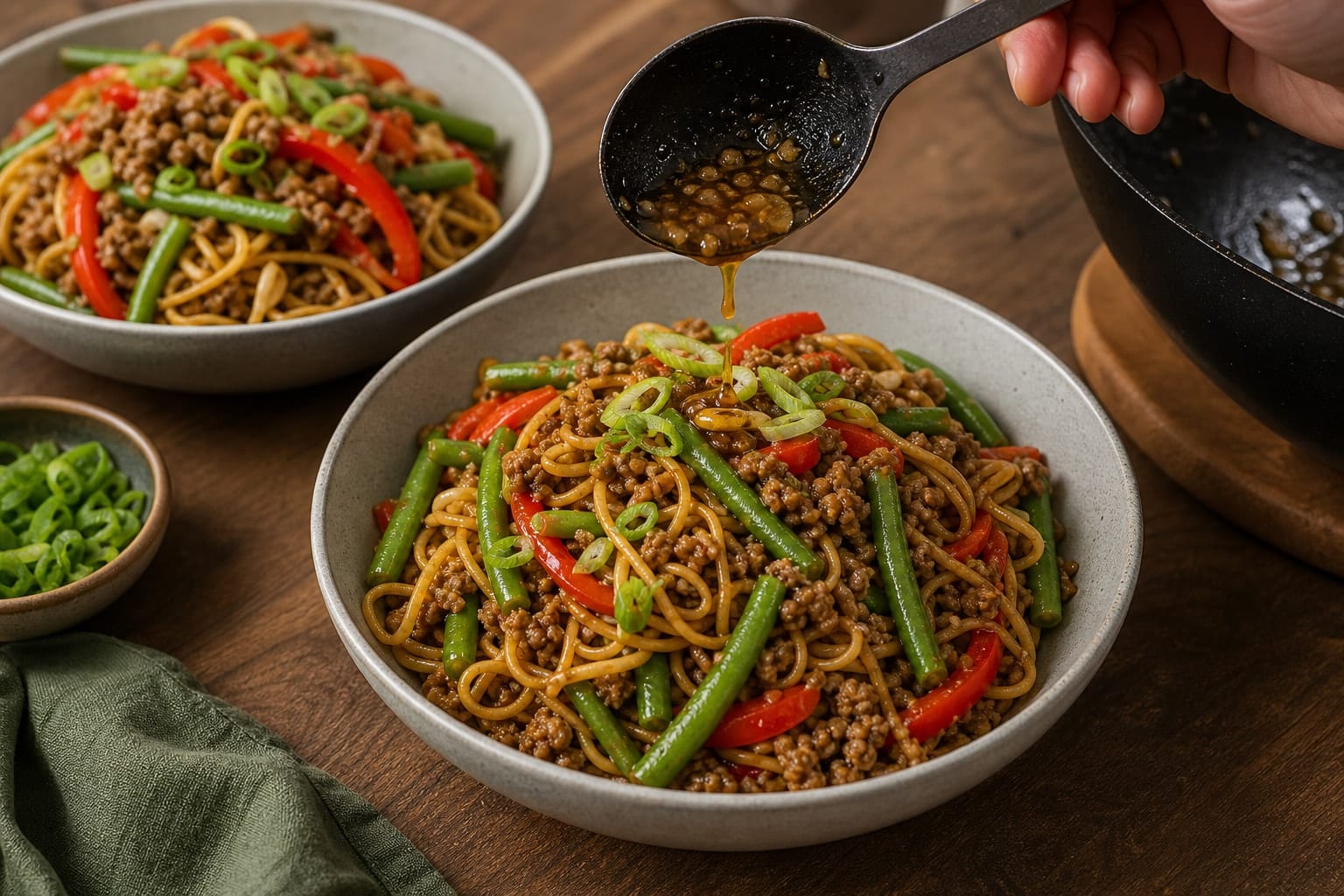 Ginger Pork Noodle Stir-Fry with Green Beans and Peppers cooking step 7: Serve.
