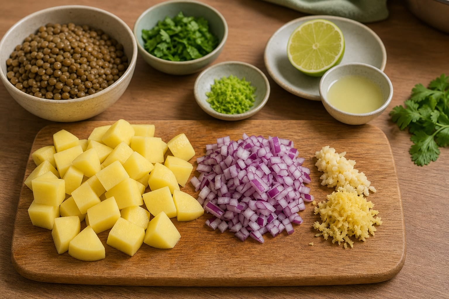 Green Lentil Saag Aloo Rice Bowls with Lime cooking step 1: Prepare the vegetables.