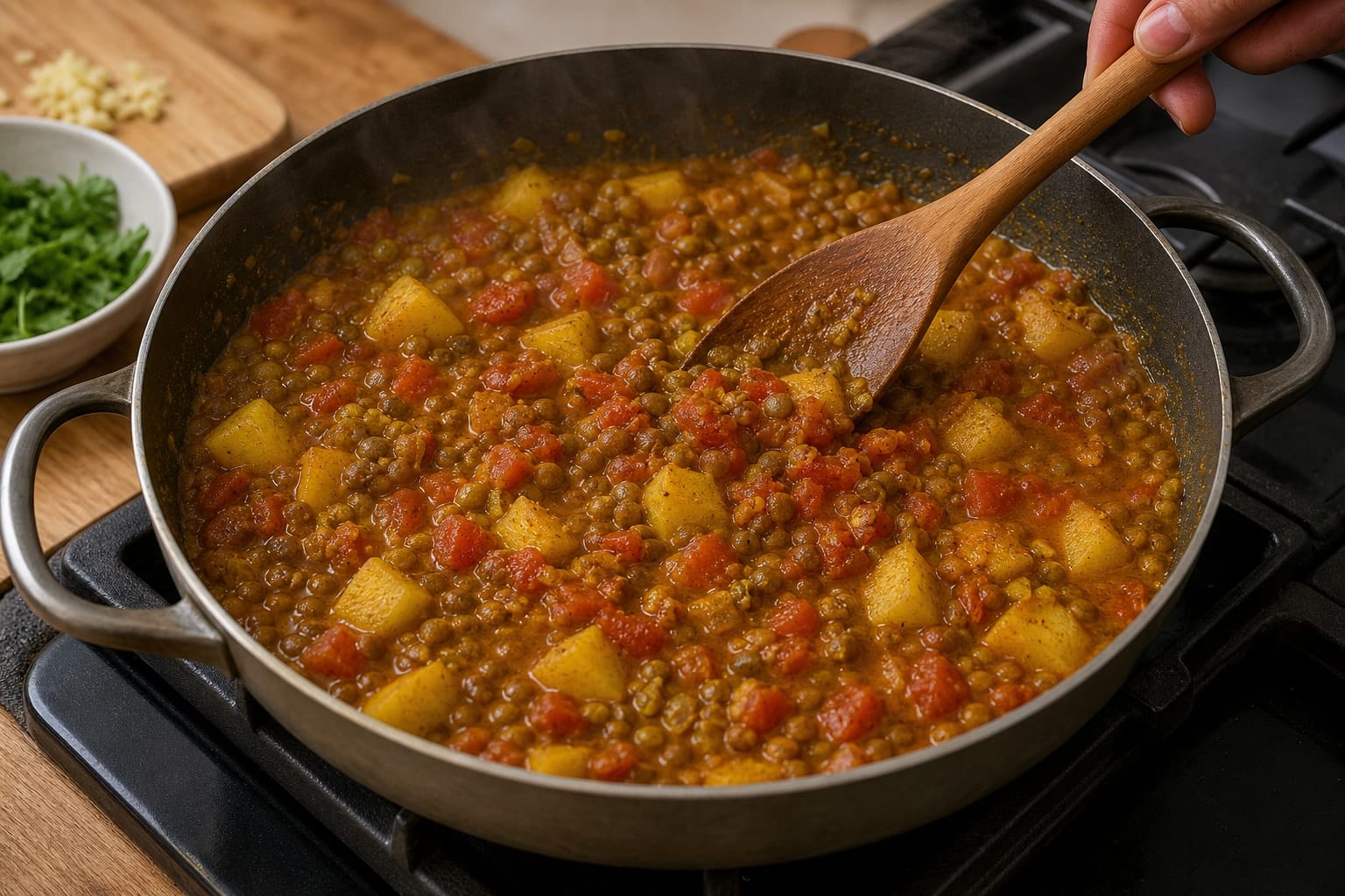 Green Lentil Saag Aloo Rice Bowls with Lime cooking step 4: Add spices and tomatoes.