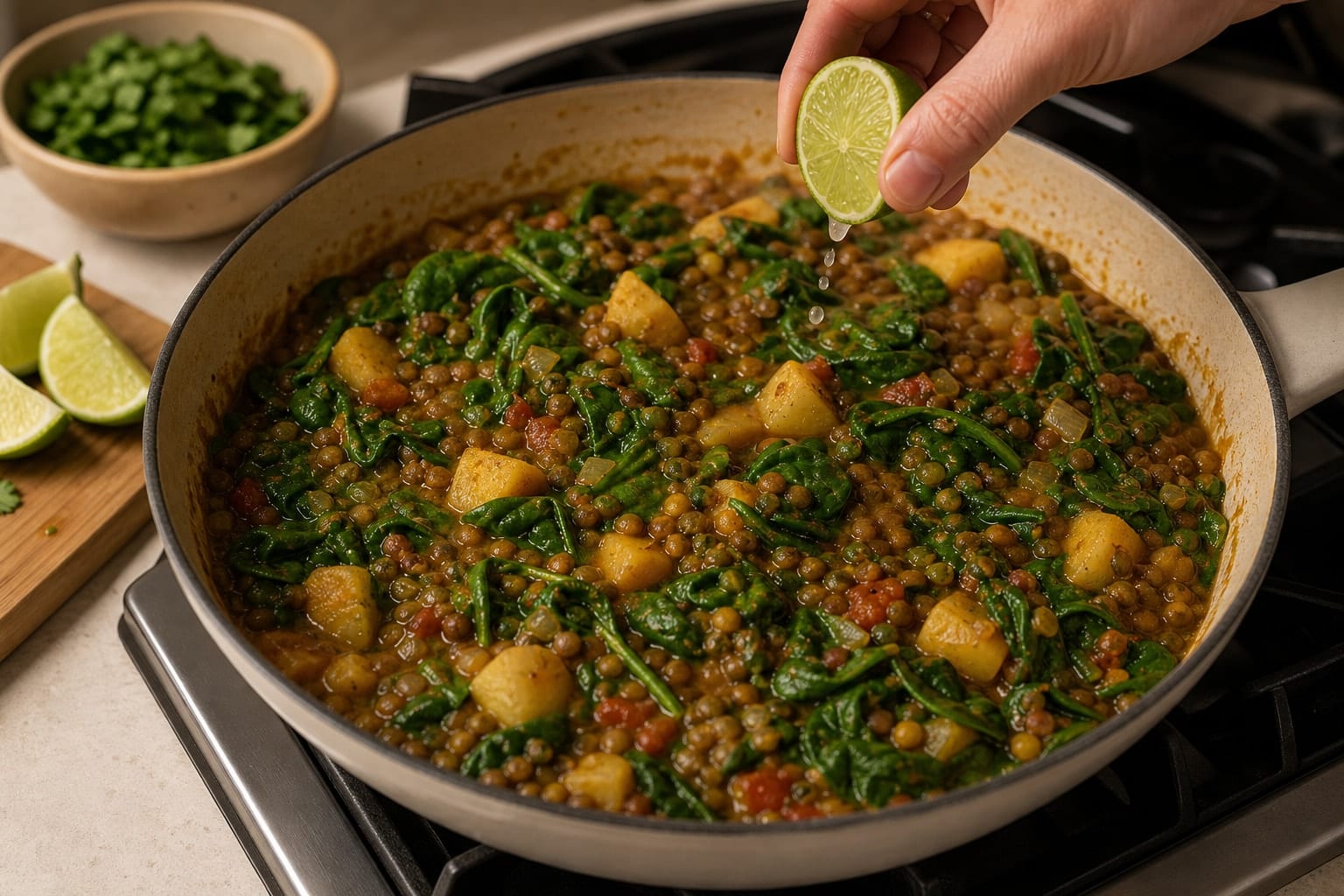 Green Lentil Saag Aloo Rice Bowls with Lime cooking step 5: Fold in lentils and spinach.