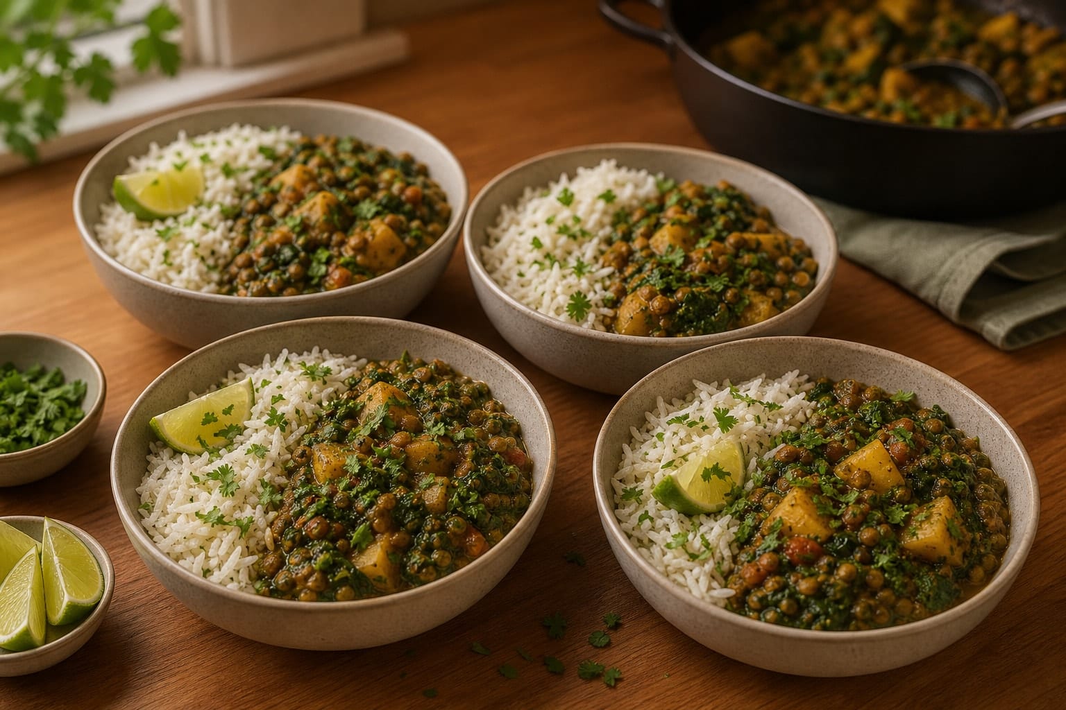 Green Lentil Saag Aloo Rice Bowls with Lime cooking step 6: Serve with lime rice.