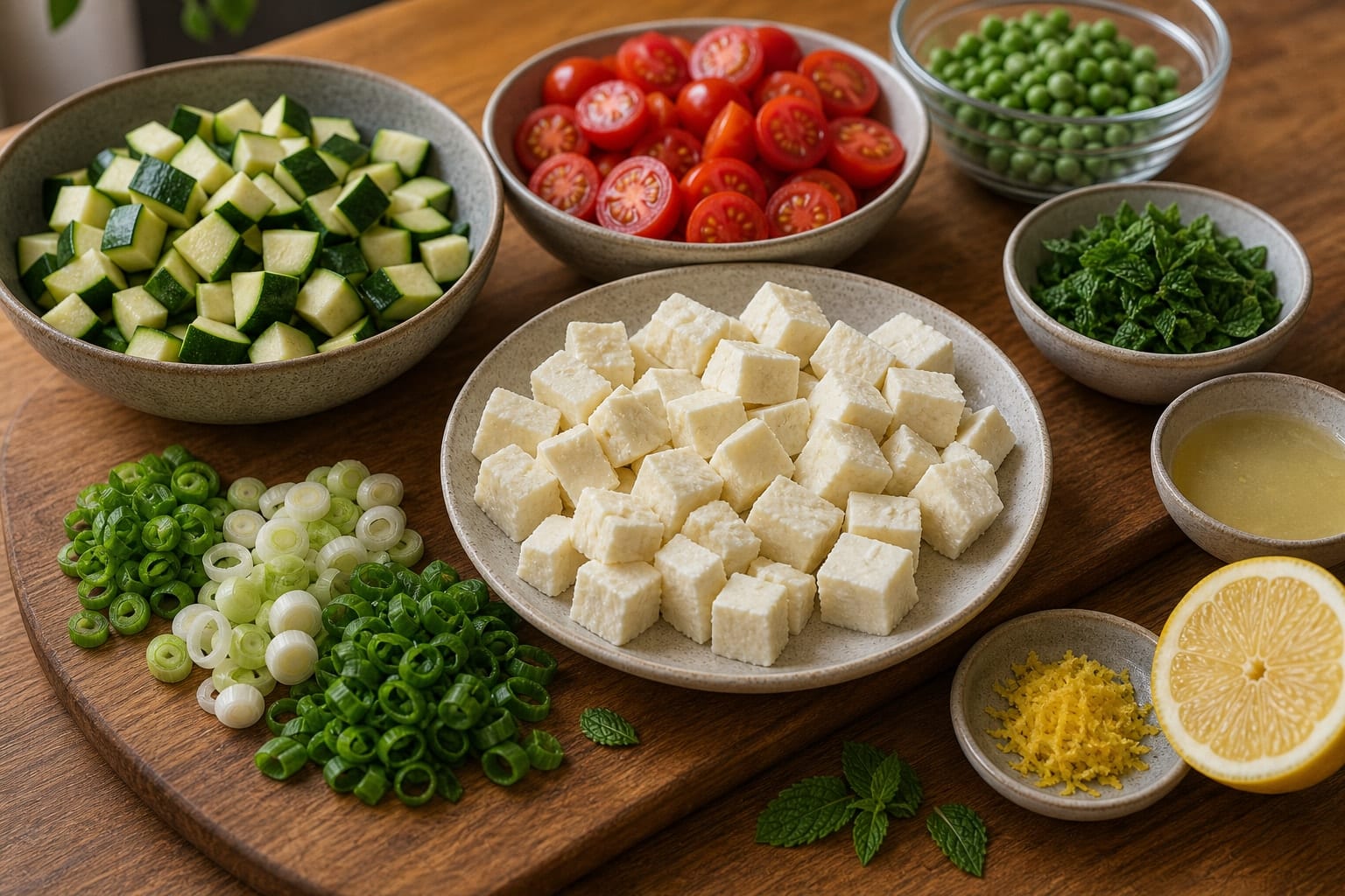 Golden Halloumi Courgette Rice Skillet with Peas and Mint cooking step 1: Prepare the ingredients.