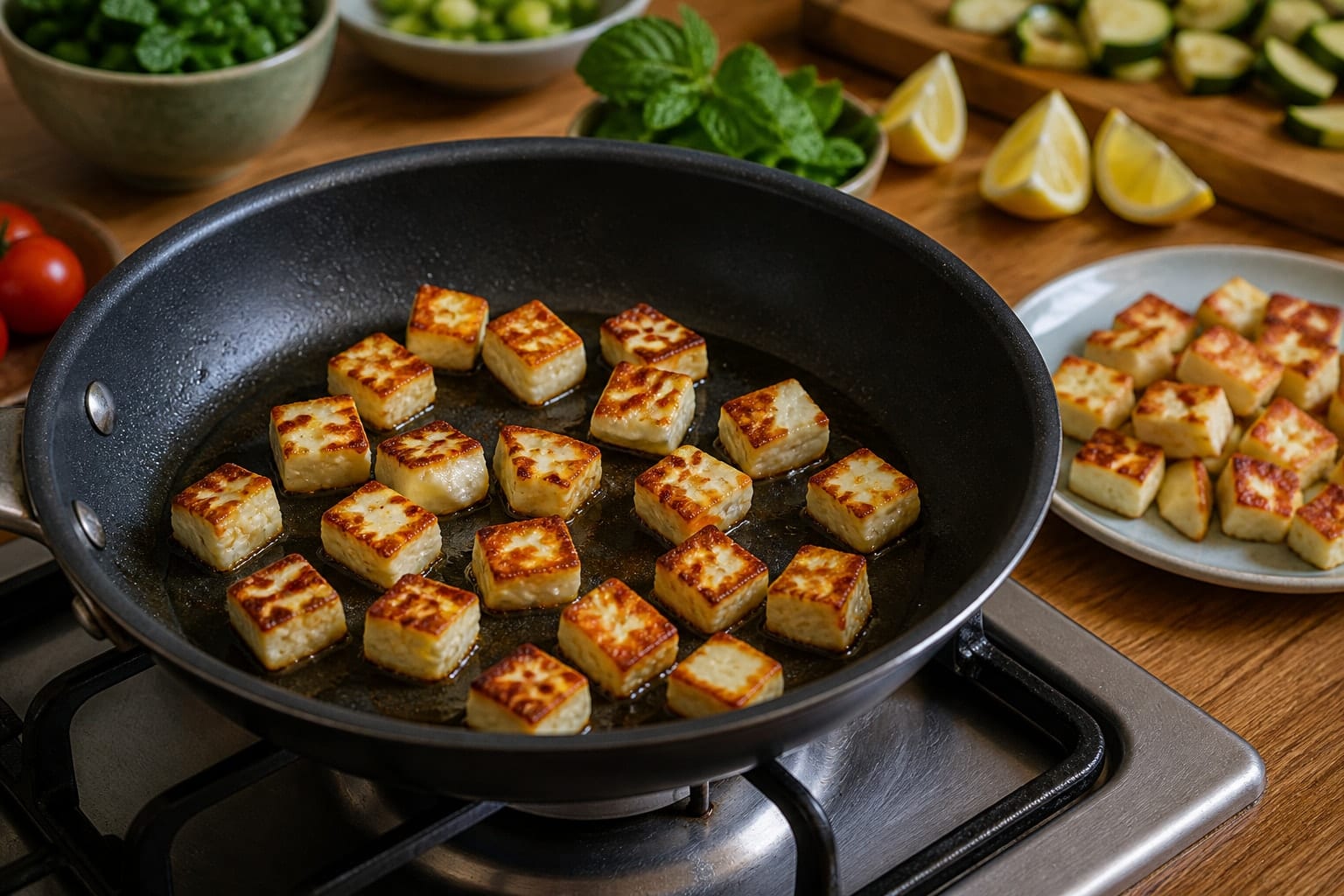 Golden Halloumi Courgette Rice Skillet with Peas and Mint cooking step 2: Brown the halloumi.