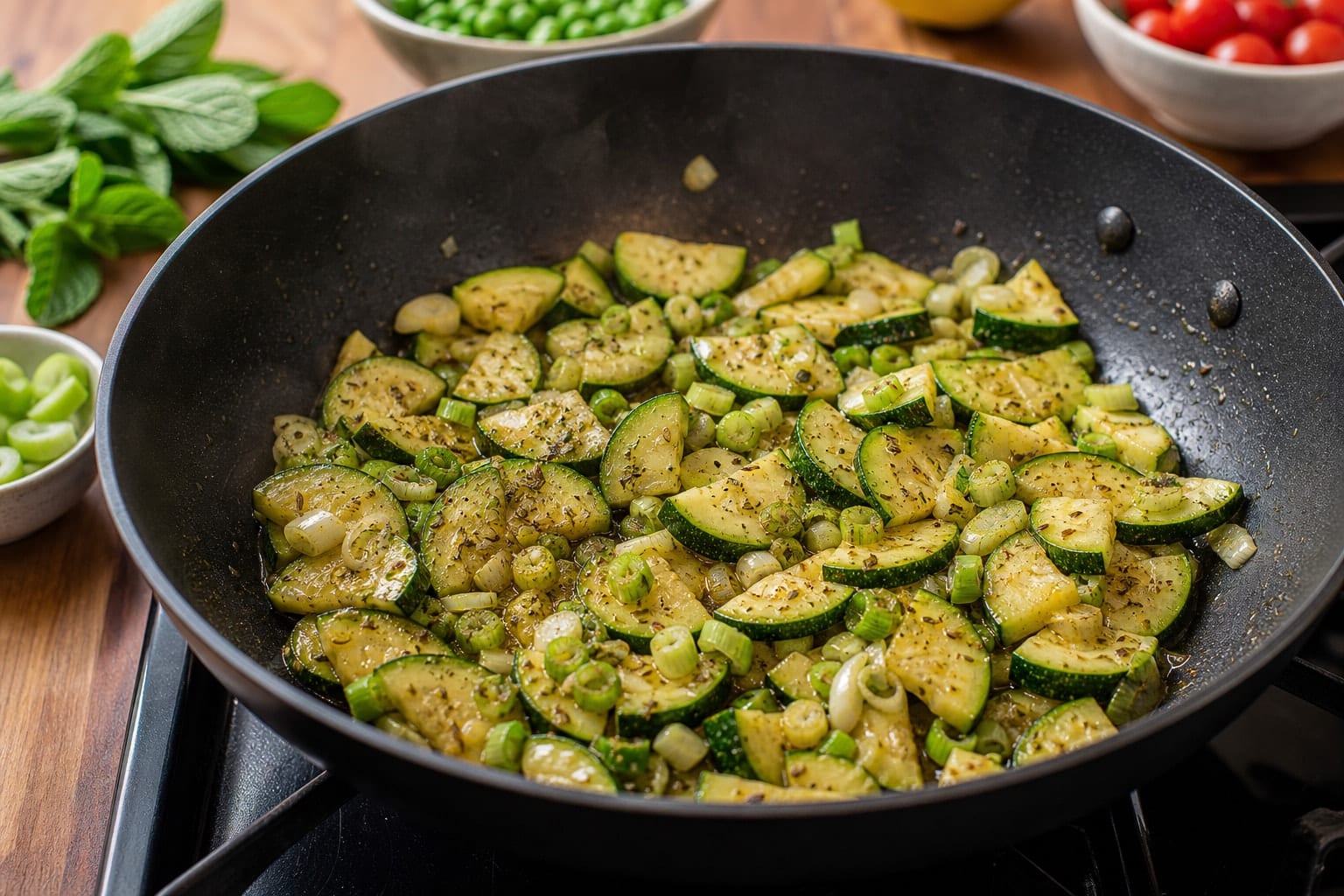Golden Halloumi Courgette Rice Skillet with Peas and Mint cooking step 3: Soften the vegetables.
