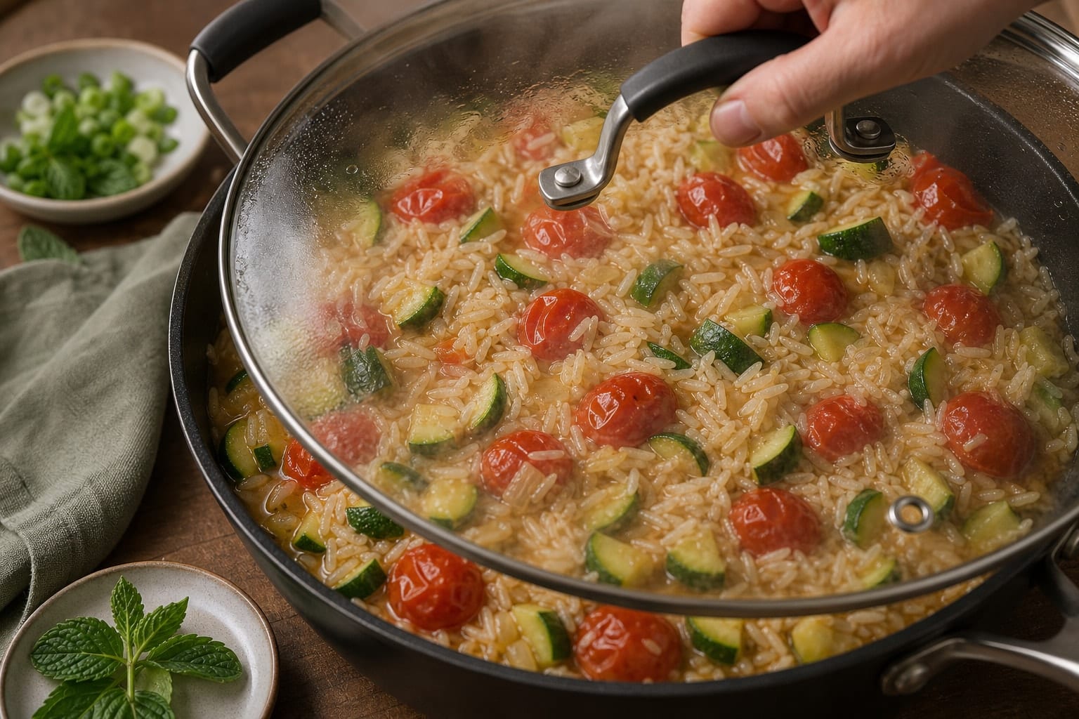 Golden Halloumi Courgette Rice Skillet with Peas and Mint cooking step 4: Cook the rice.
