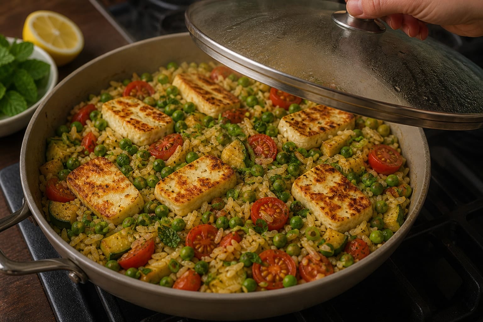 Golden Halloumi Courgette Rice Skillet with Peas and Mint cooking step 5: Add peas and halloumi.
