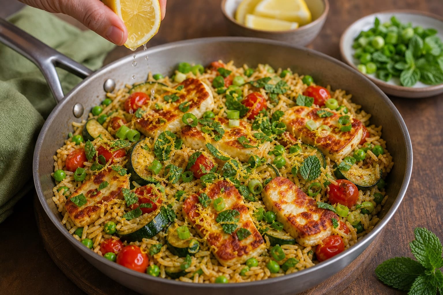 Golden Halloumi Courgette Rice Skillet with Peas and Mint cooking step 6: Finish with lemon and mint.