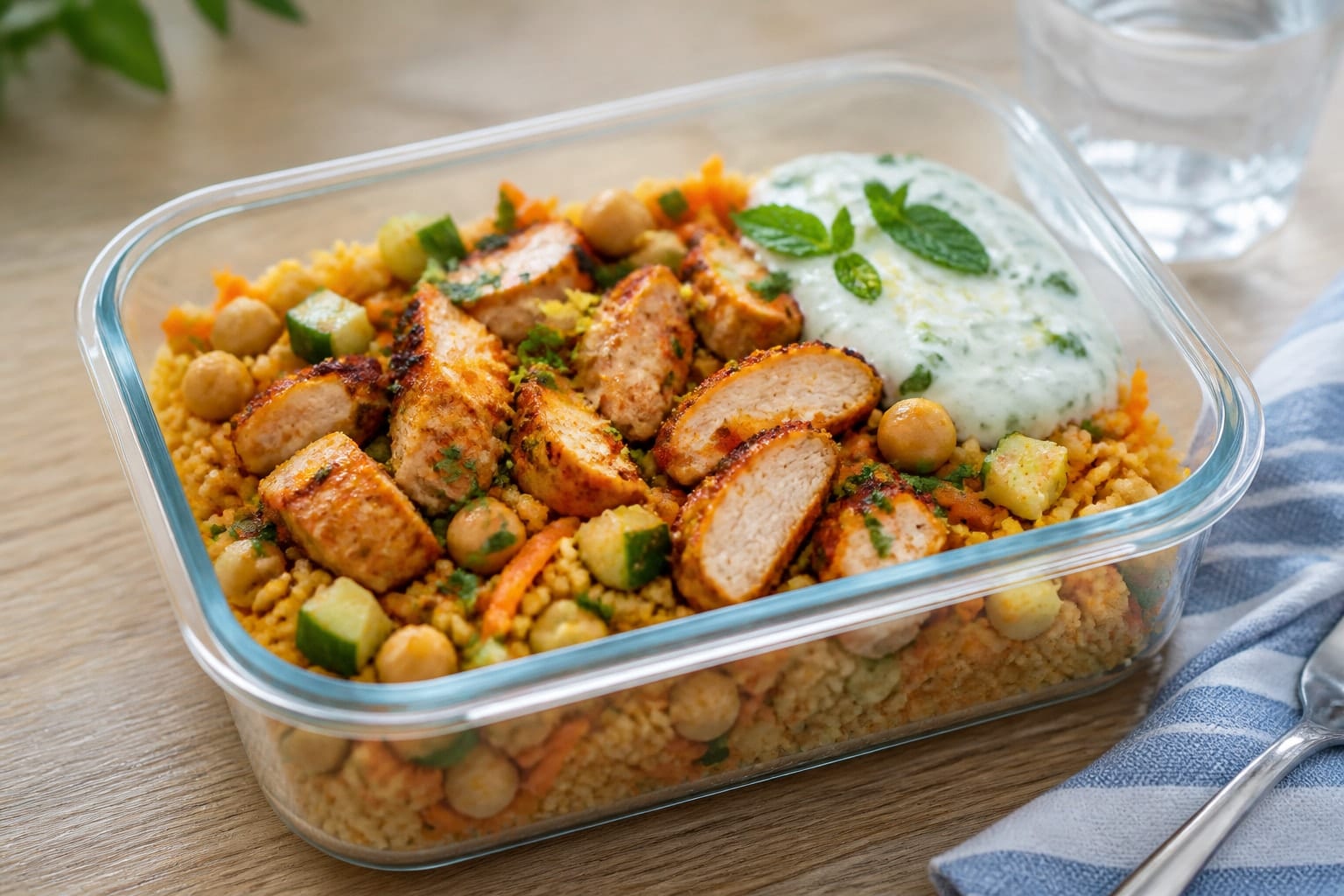 Harissa Chicken Carrot Couscous Boxes with Mint Yoghurt plated and ready to serve.