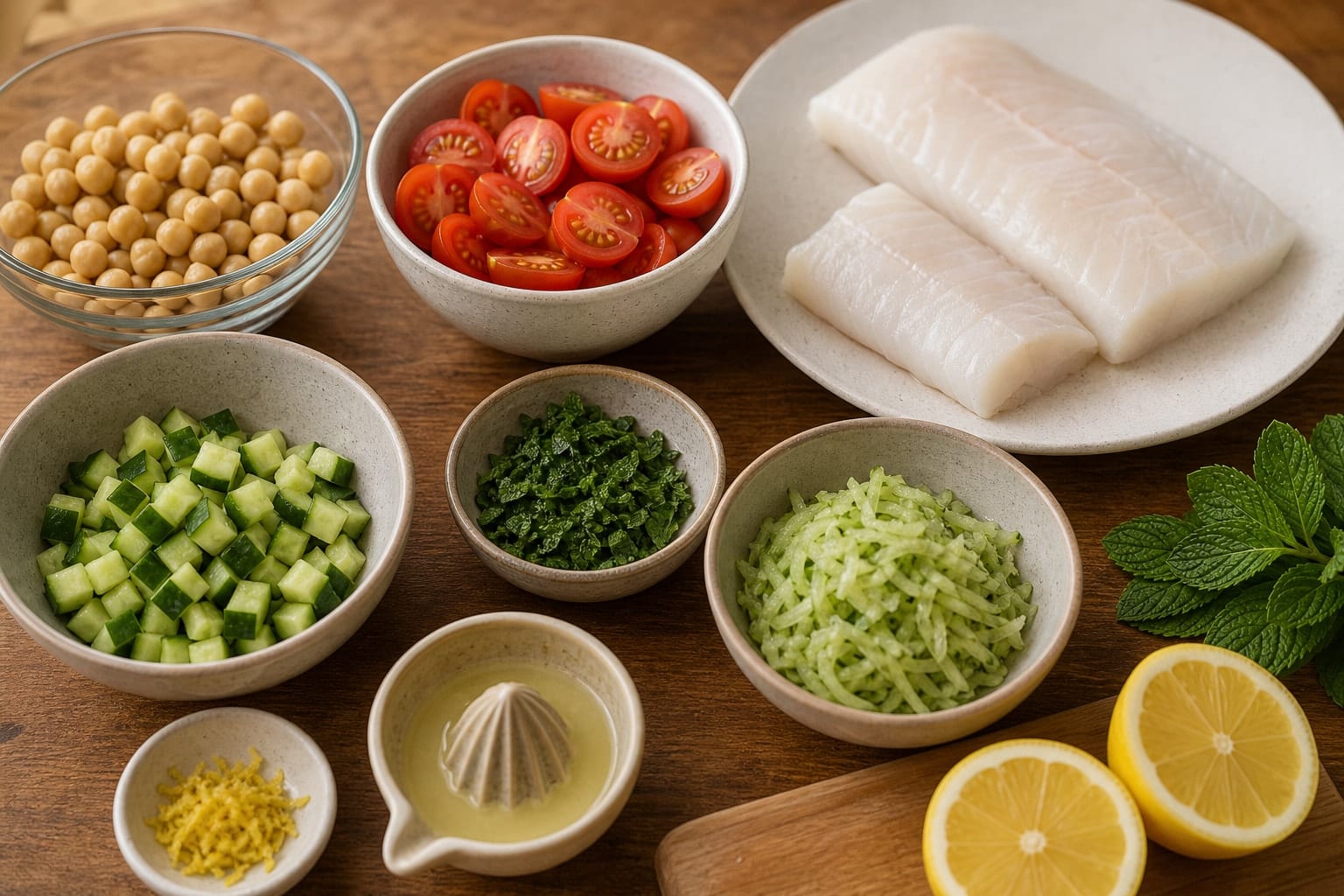 Harissa Cod Chickpea Couscous with Cucumber Mint Yoghurt cooking step 1: Prepare the components.