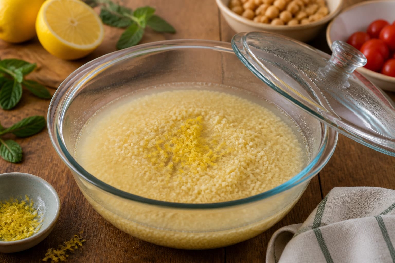 Harissa Cod Chickpea Couscous with Cucumber Mint Yoghurt cooking step 3: Soak the couscous.