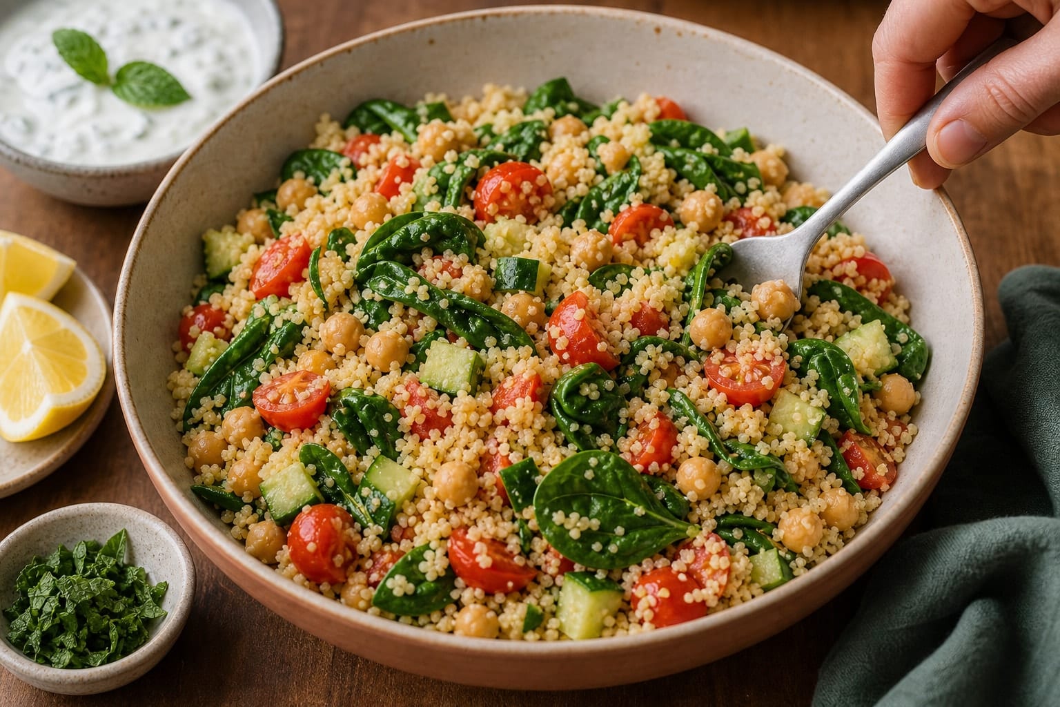 Harissa Cod Chickpea Couscous with Cucumber Mint Yoghurt cooking step 5: Finish the couscous.
