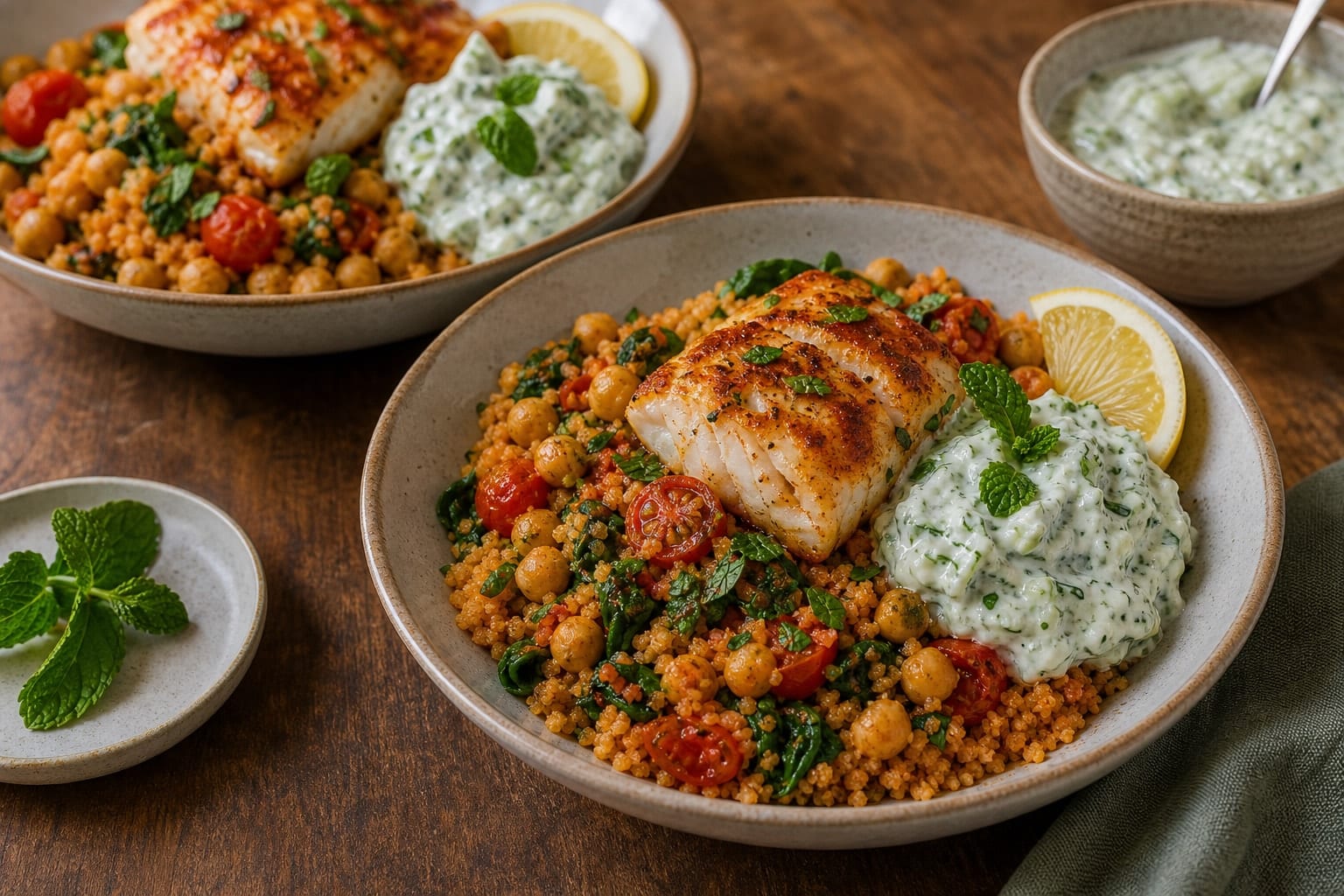 Harissa Cod Chickpea Couscous with Cucumber Mint Yoghurt cooking step 6: Serve with Greek yoghurt.