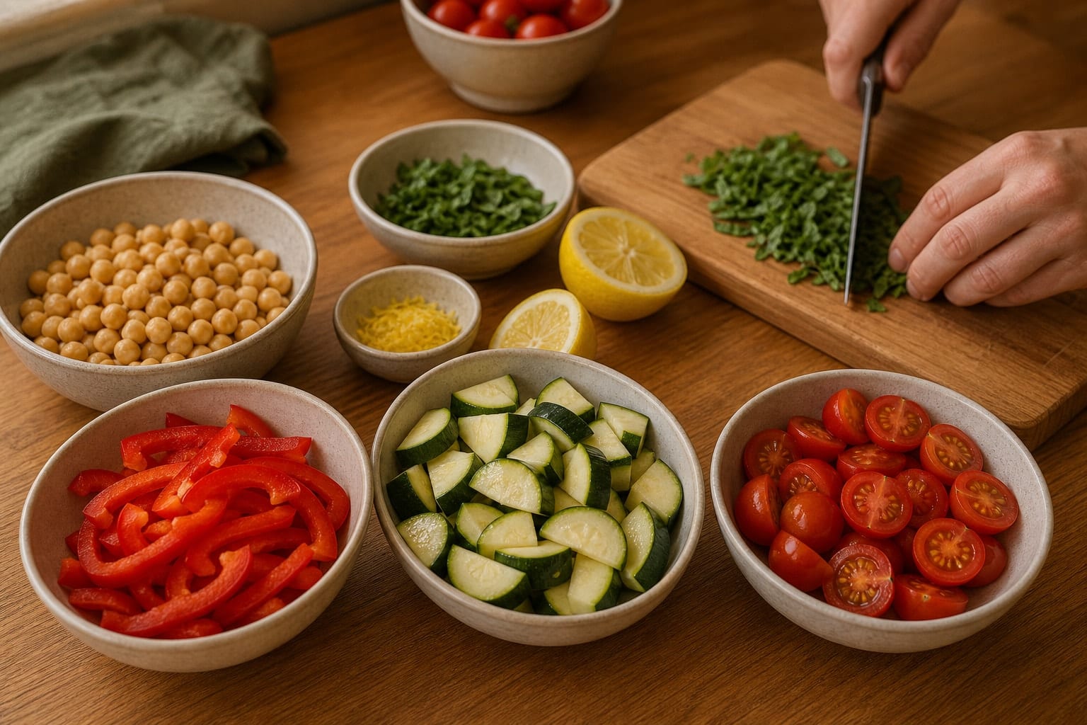 Harissa Halloumi Veg Couscous with Mint Yoghurt cooking step 1: Prepare the vegetables.