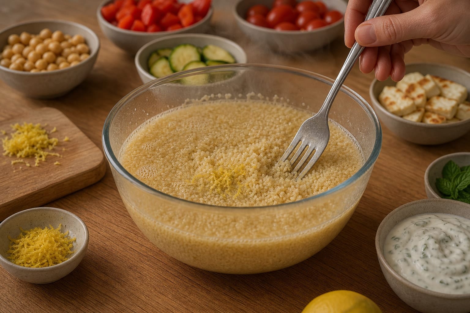 Harissa Halloumi Veg Couscous with Mint Yoghurt cooking step 3: Soak the couscous.