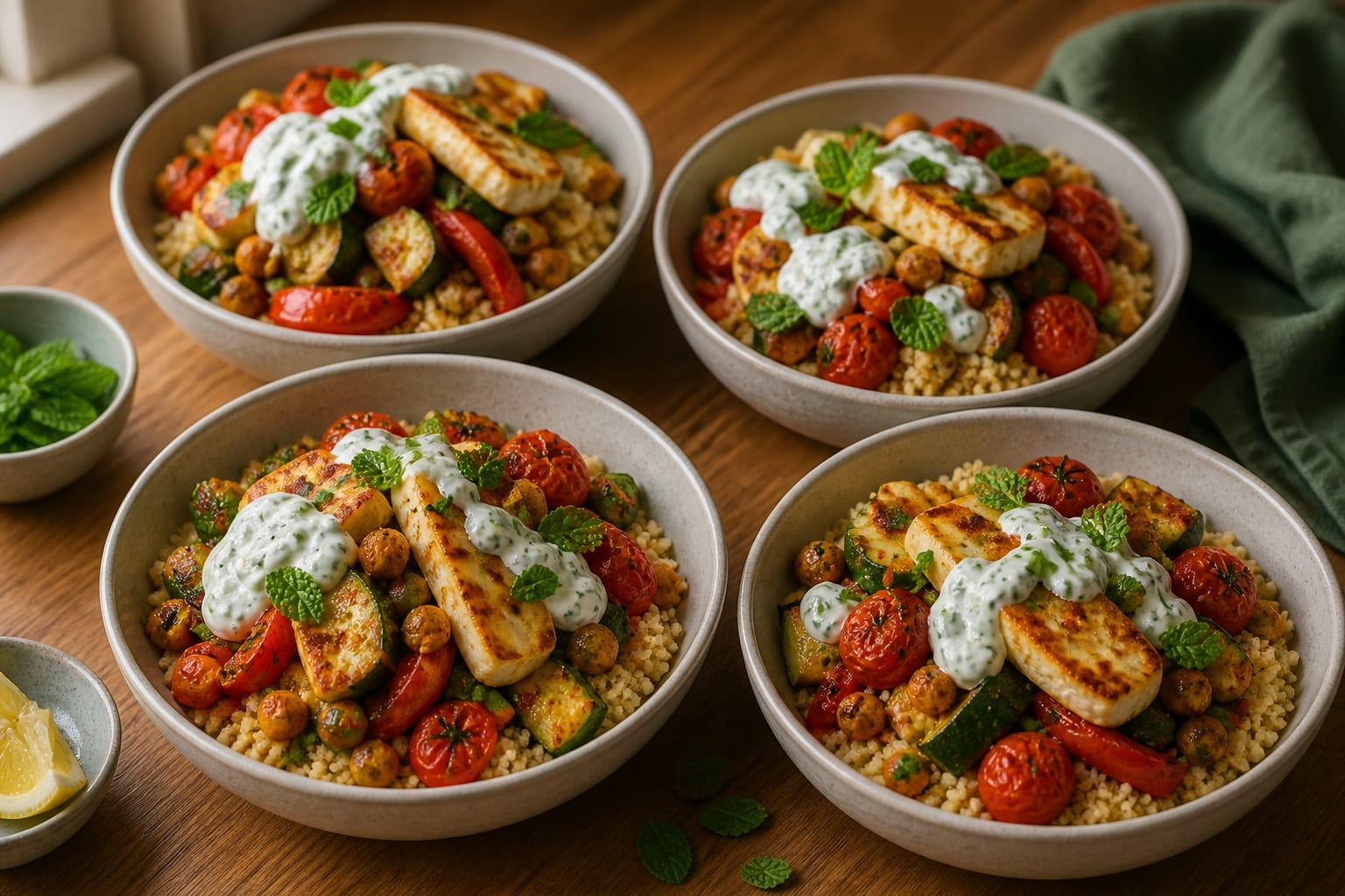 Harissa Halloumi Veg Couscous with Mint Yoghurt cooking step 6: Serve the bowls.