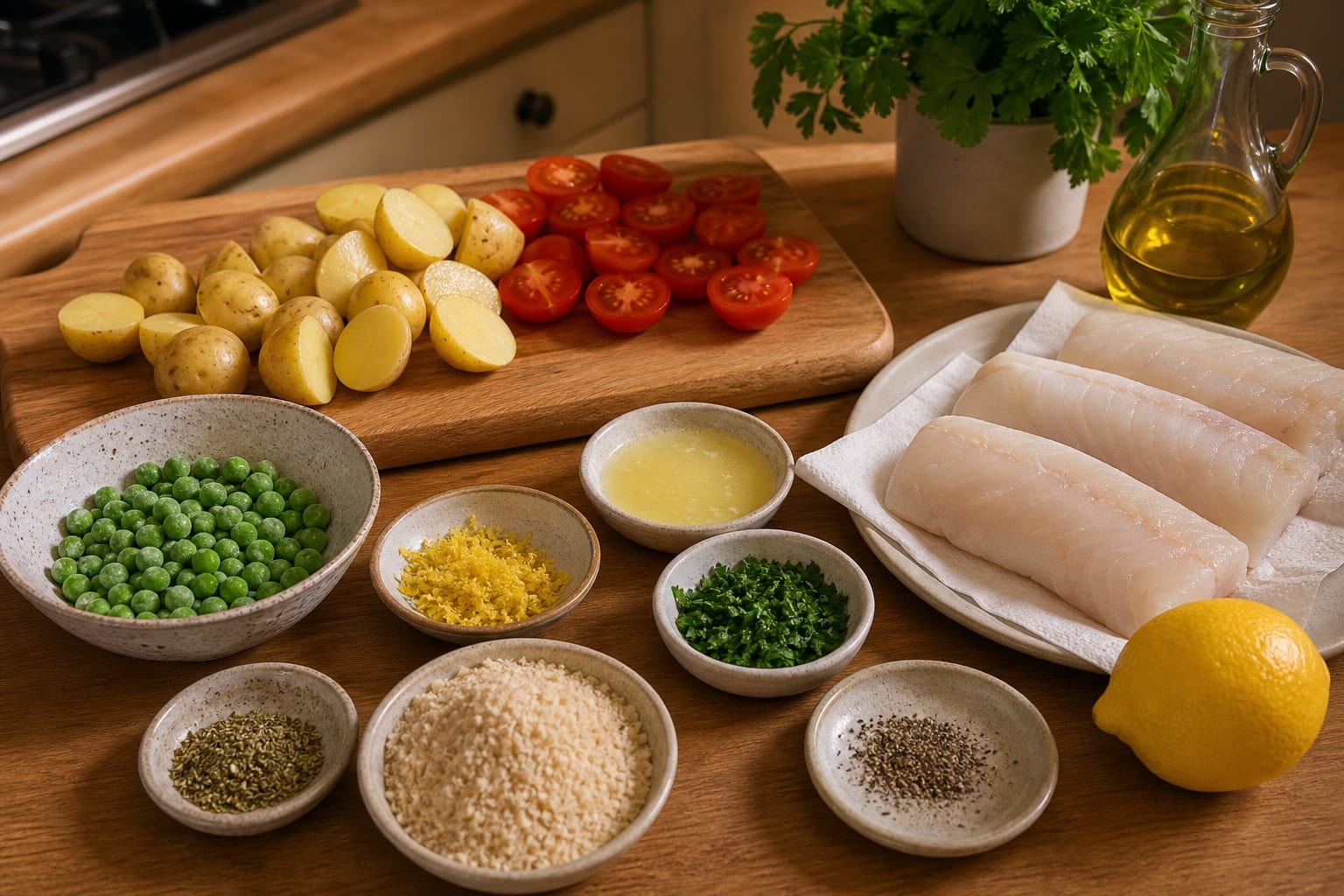 Lemon Cod Pea Potato Traybake with Parsley Crumbs cooking step 1: Prepare the tray.