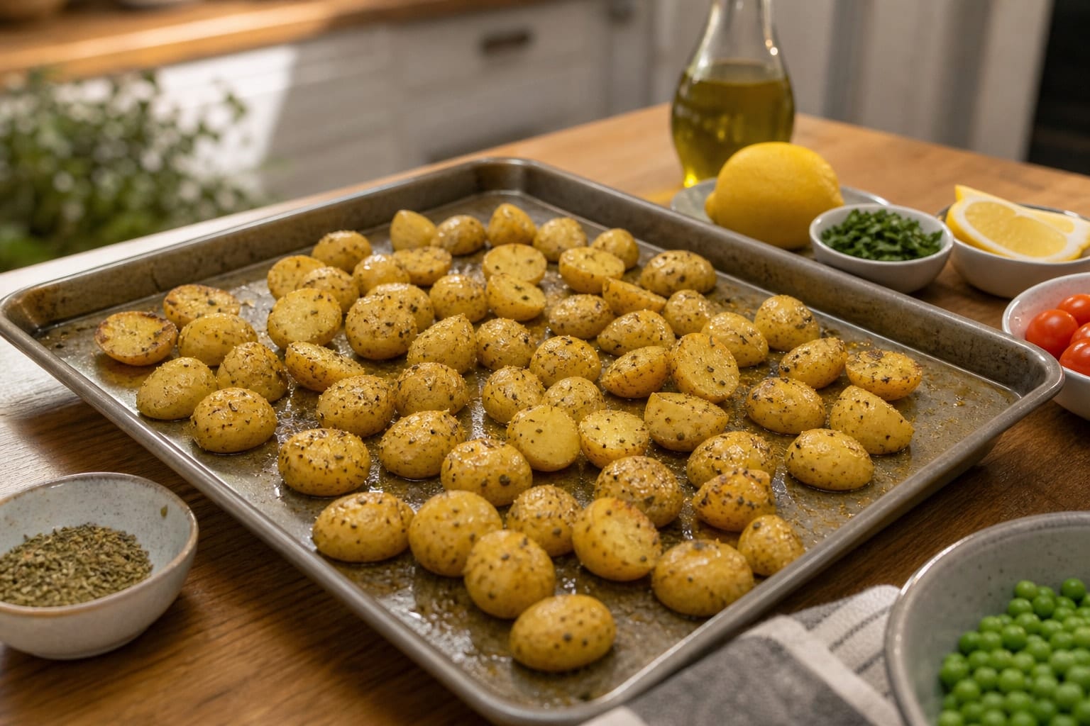 Lemon Cod Pea Potato Traybake with Parsley Crumbs cooking step 2: Start the potatoes.