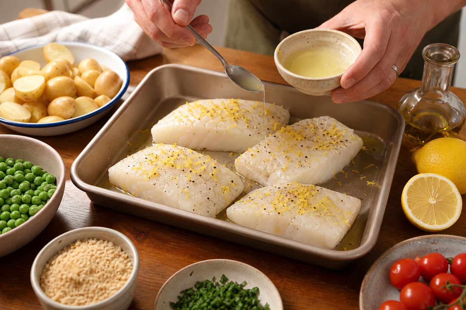 Lemon Cod Pea Potato Traybake with Parsley Crumbs cooking step 3: Season the fish.