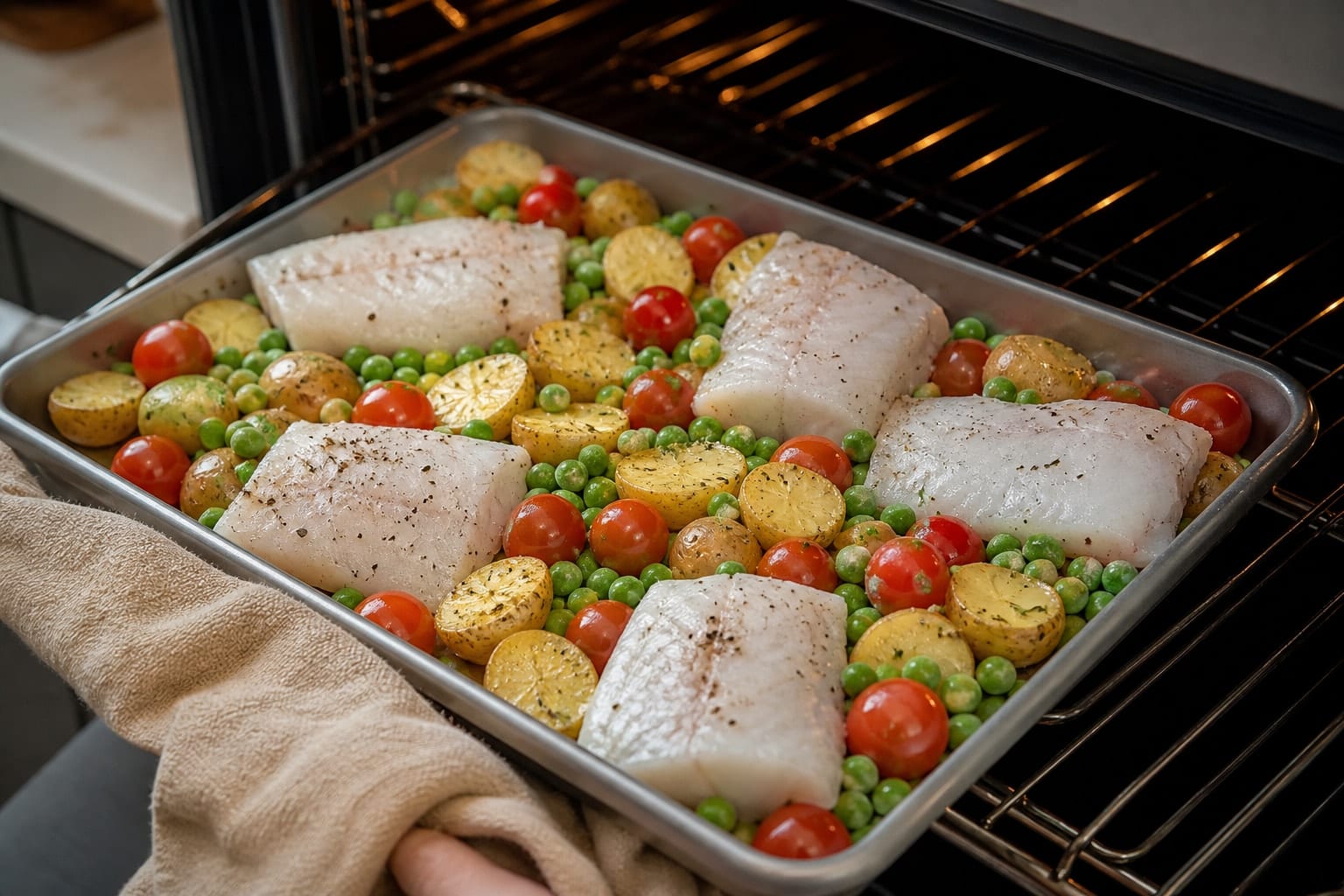 Lemon Cod Pea Potato Traybake with Parsley Crumbs cooking step 4: Add fish and vegetables.