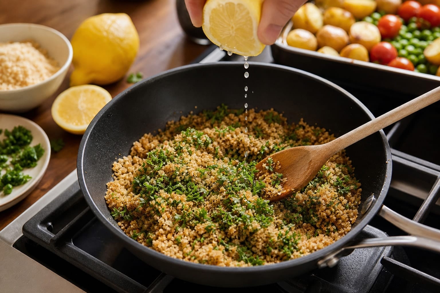 Lemon Cod Pea Potato Traybake with Parsley Crumbs cooking step 5: Make parsley crumbs.
