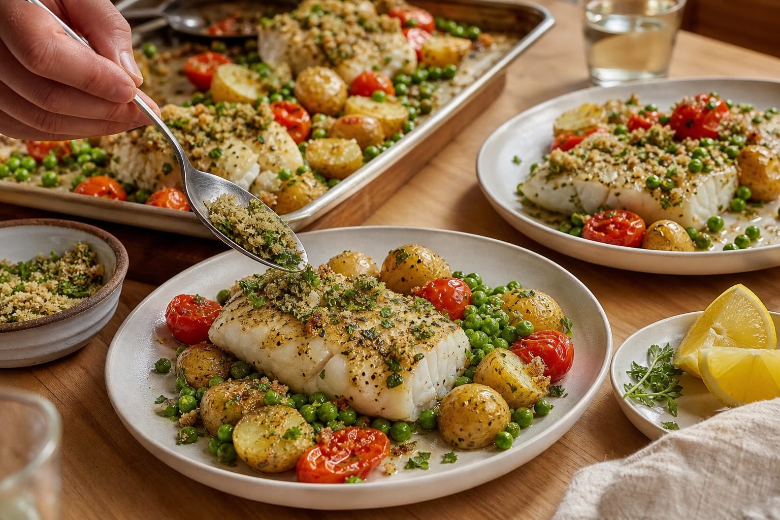 Lemon Cod Pea Potato Traybake with Parsley Crumbs cooking step 6: Serve the traybake.