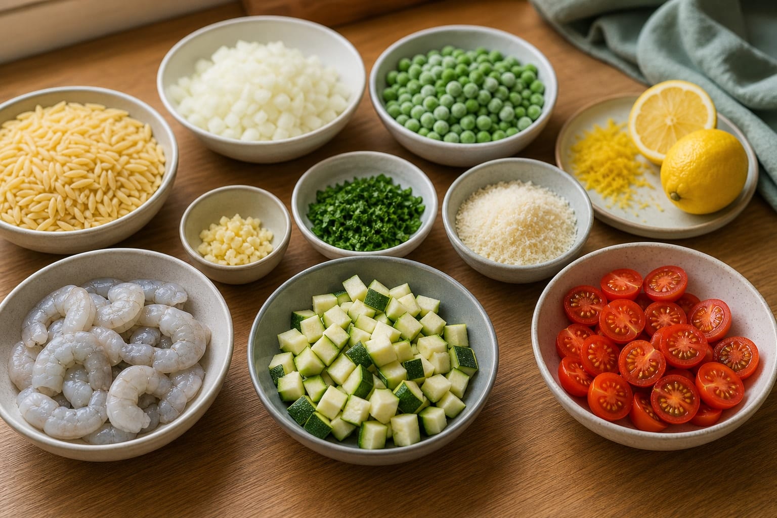 Lemon Garlic Prawn Orzo with Courgette and Peas cooking step 1: Prepare the ingredients.