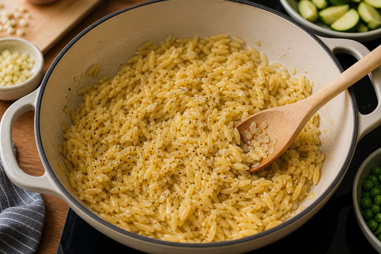 Lemon Garlic Prawn Orzo with Courgette and Peas cooking step 3: Toast the orzo.