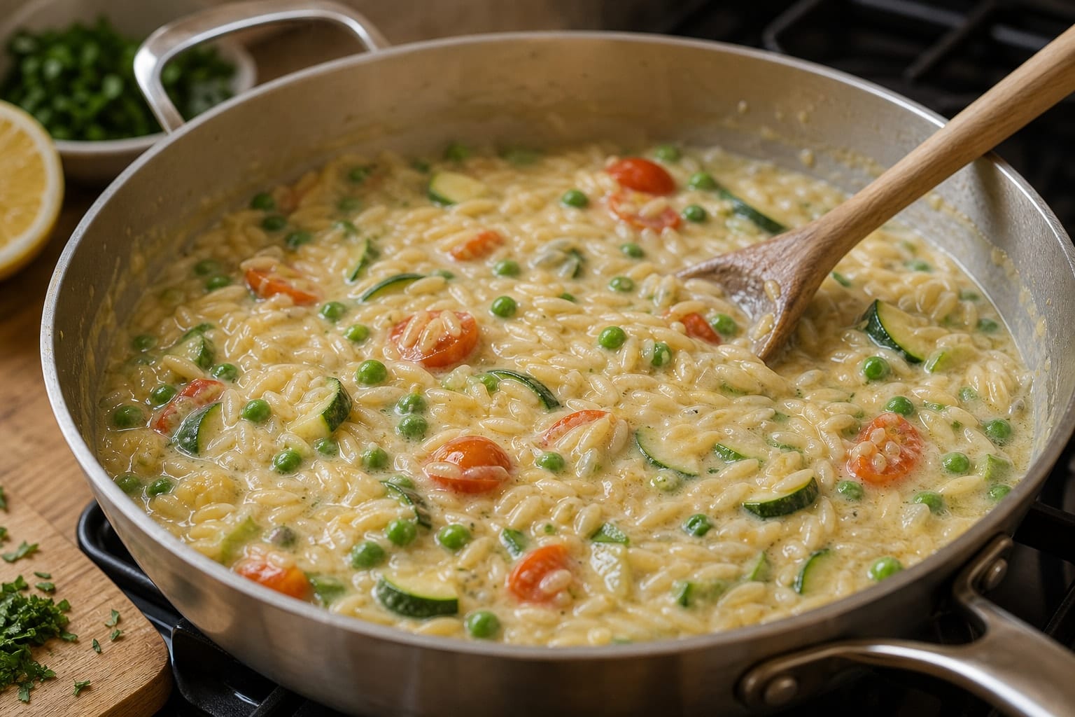 Lemon Garlic Prawn Orzo with Courgette and Peas cooking step 4: Simmer until creamy.