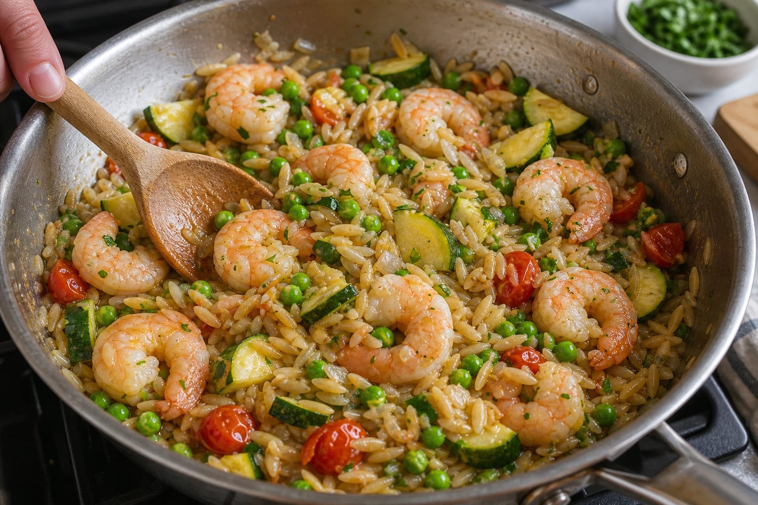 Lemon Garlic Prawn Orzo with Courgette and Peas cooking step 5: Cook the prawns and peas.