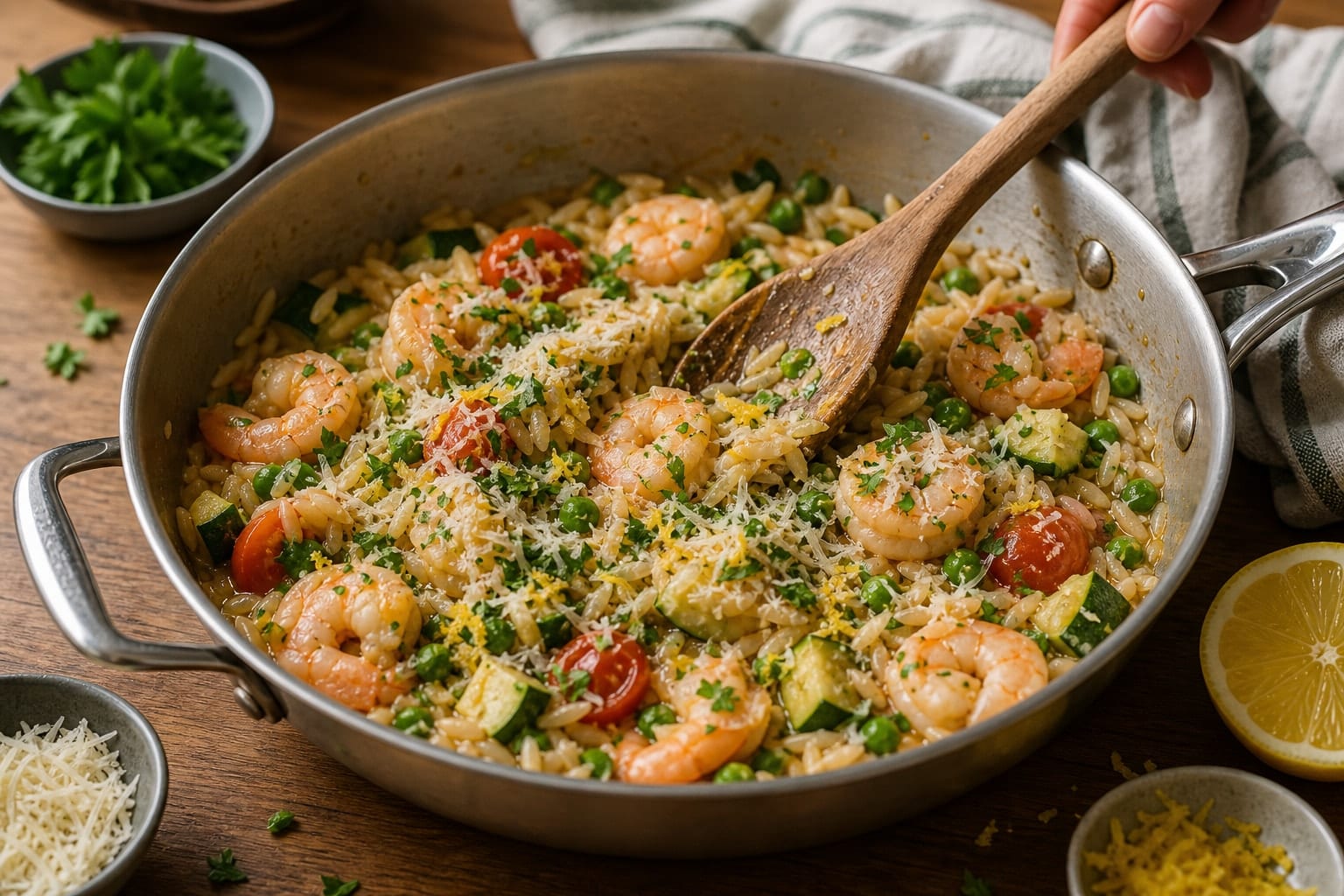 Lemon Garlic Prawn Orzo with Courgette and Peas cooking step 6: Finish with lemon.