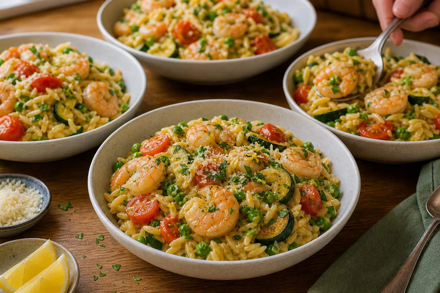 Lemon Garlic Prawn Orzo with Courgette and Peas cooking step 7: Serve.