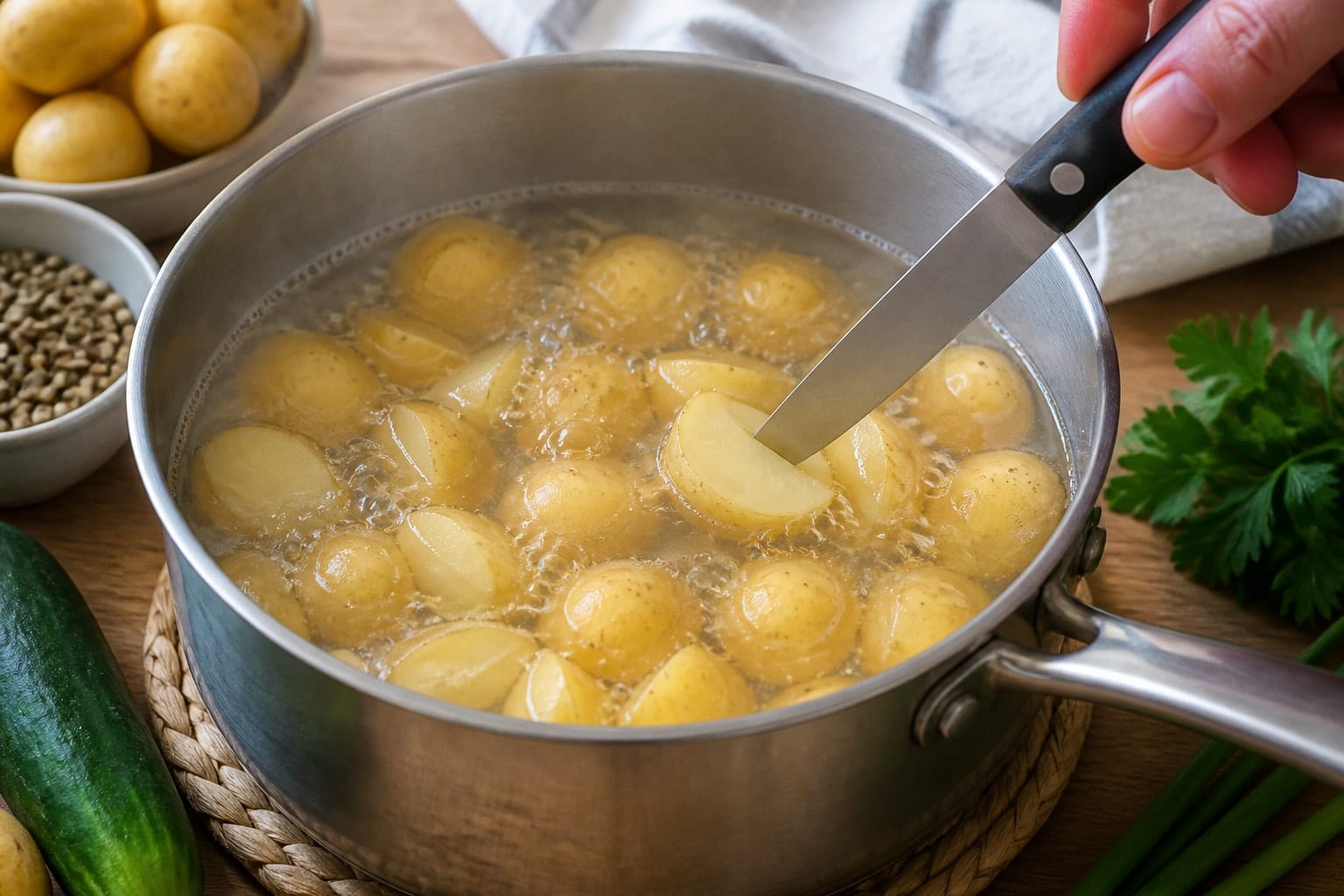 Lemon Lentil Potato Salad Boxes with Herby Cucumber cooking step 1: Cook the potatoes.