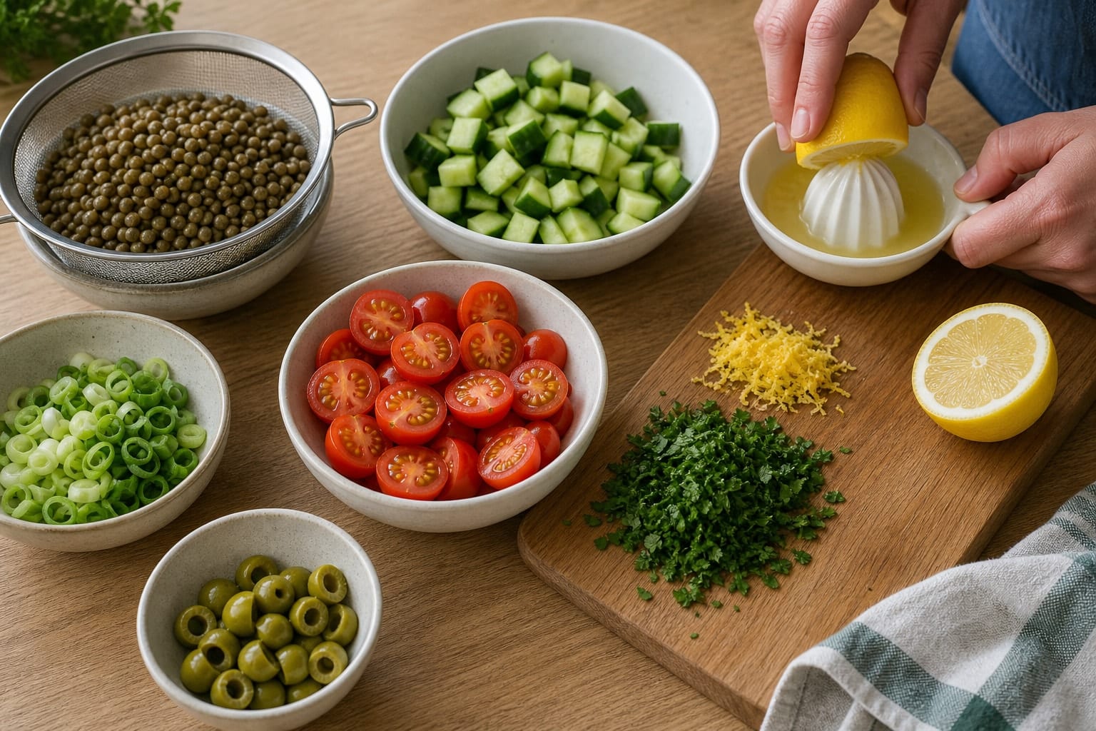 Lemon Lentil Potato Salad Boxes with Herby Cucumber cooking step 2: Prepare the vegetables.