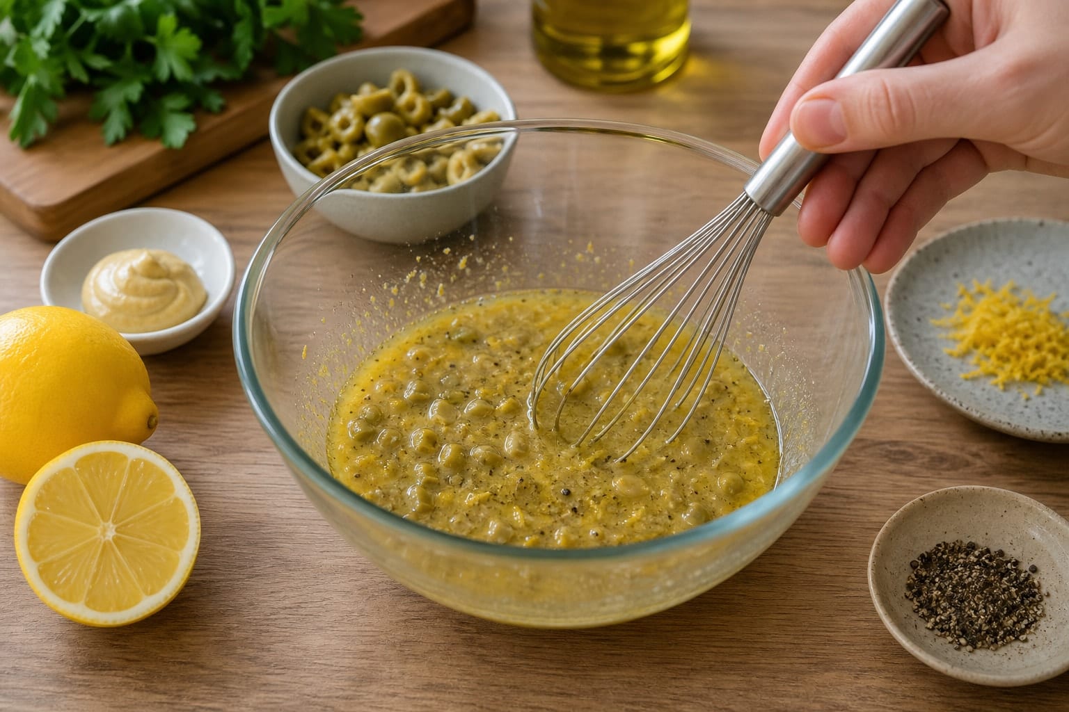 Lemon Lentil Potato Salad Boxes with Herby Cucumber cooking step 3: Make the dressing.