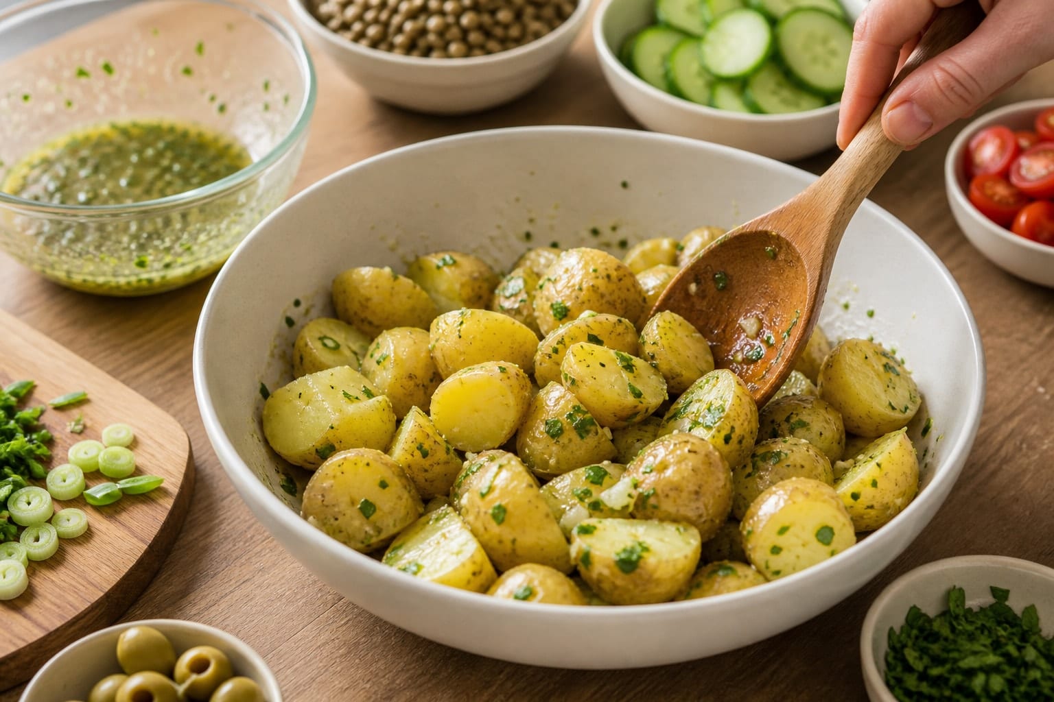 Lemon Lentil Potato Salad Boxes with Herby Cucumber cooking step 4: Dress while warm.