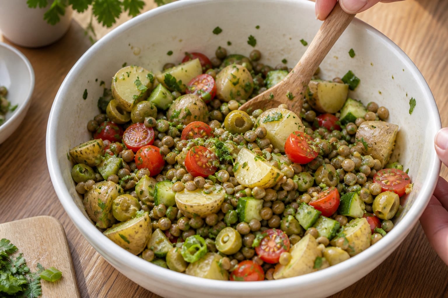 Lemon Lentil Potato Salad Boxes with Herby Cucumber cooking step 5: Fold in lentils.