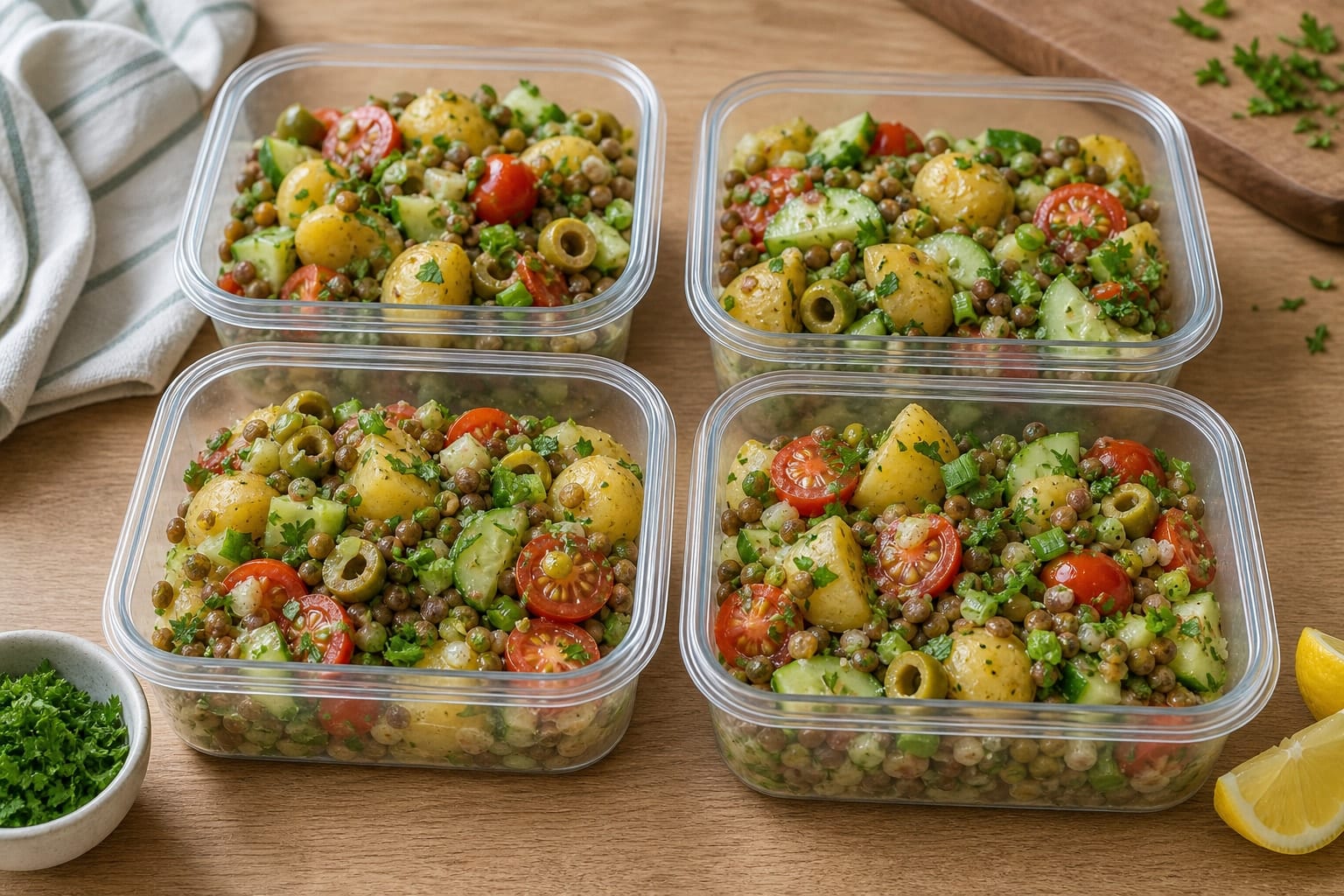 Lemon Lentil Potato Salad Boxes with Herby Cucumber cooking step 6: Pack the boxes.