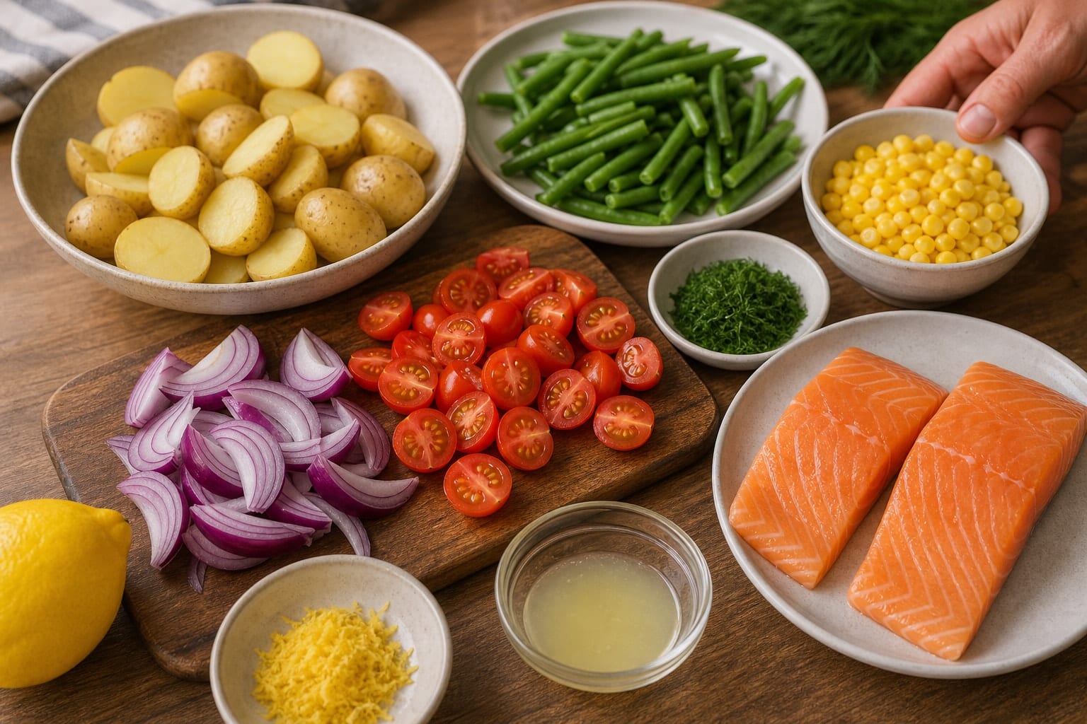 Lemon Salmon Sweetcorn Potato Traybake with Dill cooking step 1: Prep the tray.