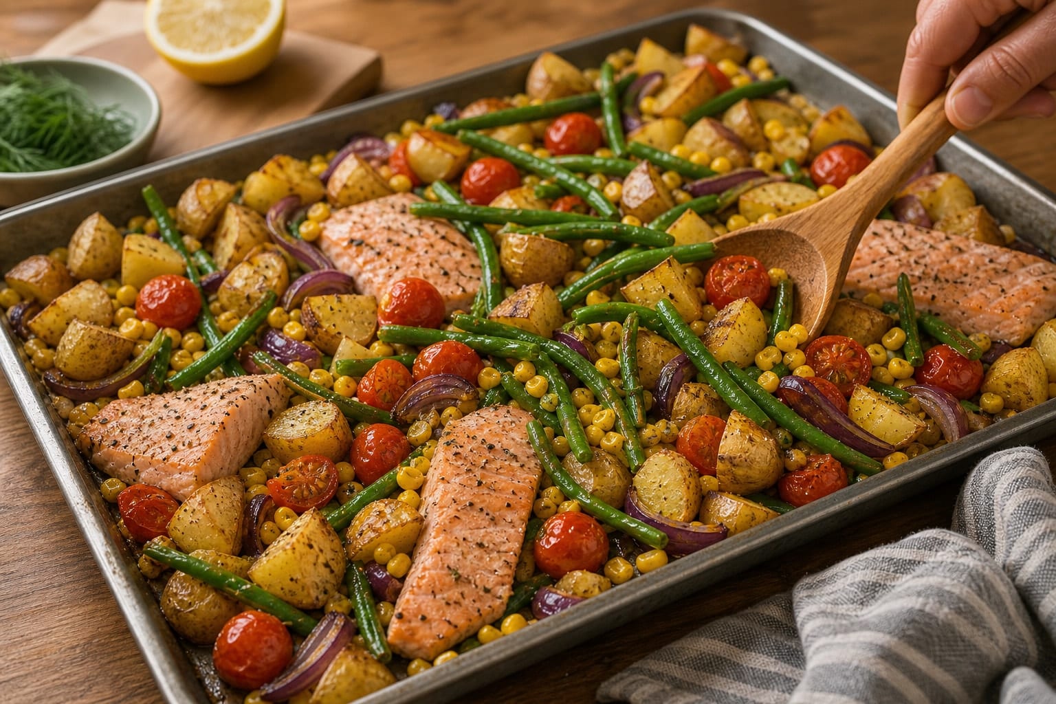 Lemon Salmon Sweetcorn Potato Traybake with Dill cooking step 3: Add the vegetables.