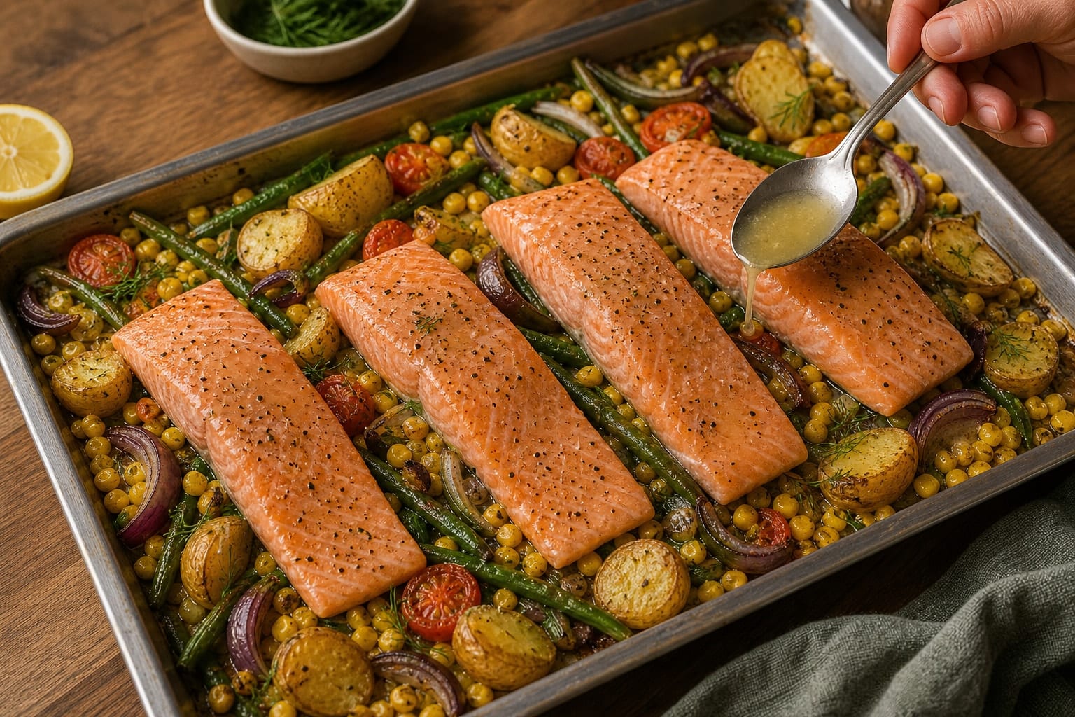 Lemon Salmon Sweetcorn Potato Traybake with Dill cooking step 4: Nestle in the salmon.