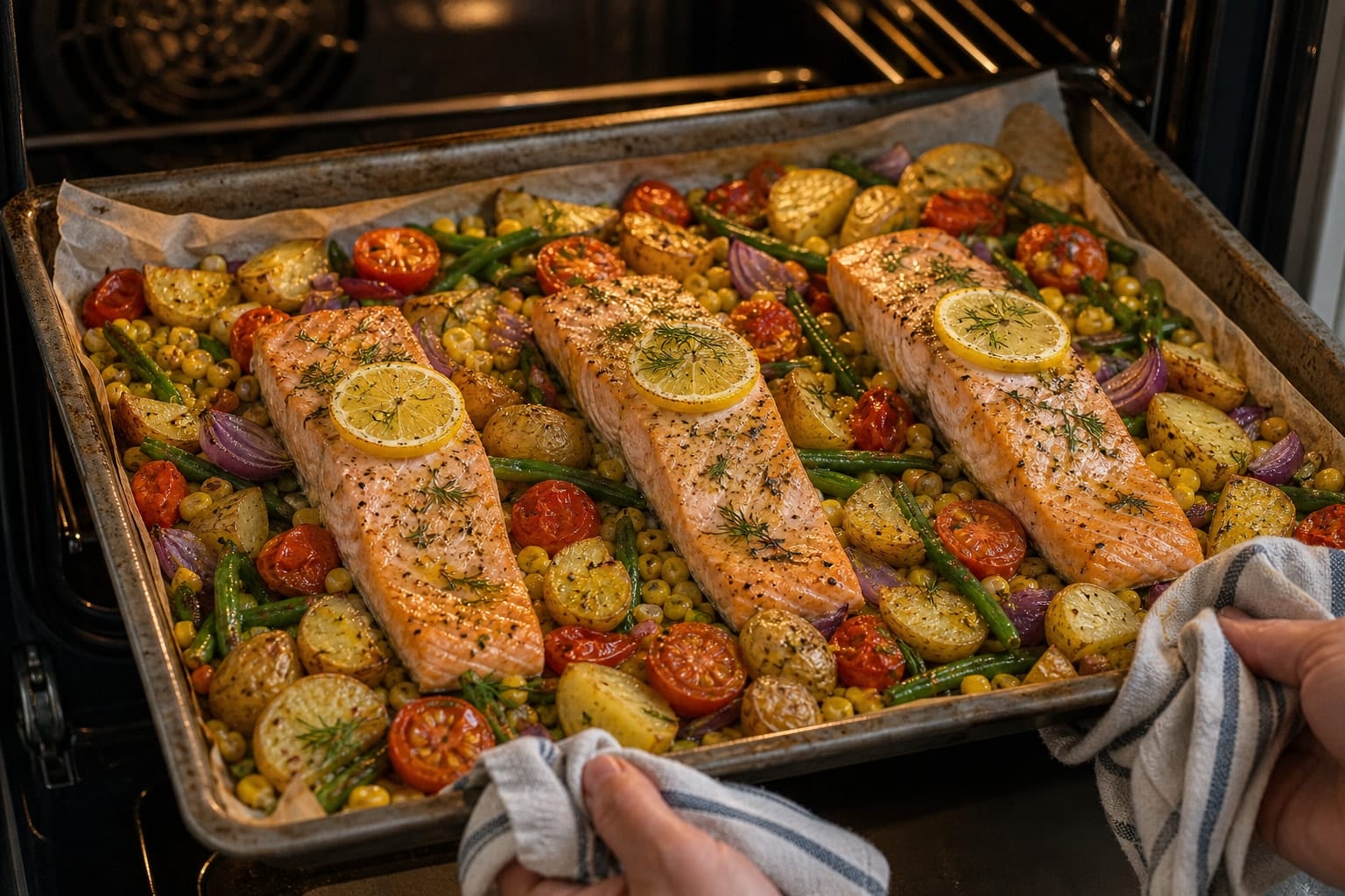 Lemon Salmon Sweetcorn Potato Traybake with Dill cooking step 5: Bake until just cooked.