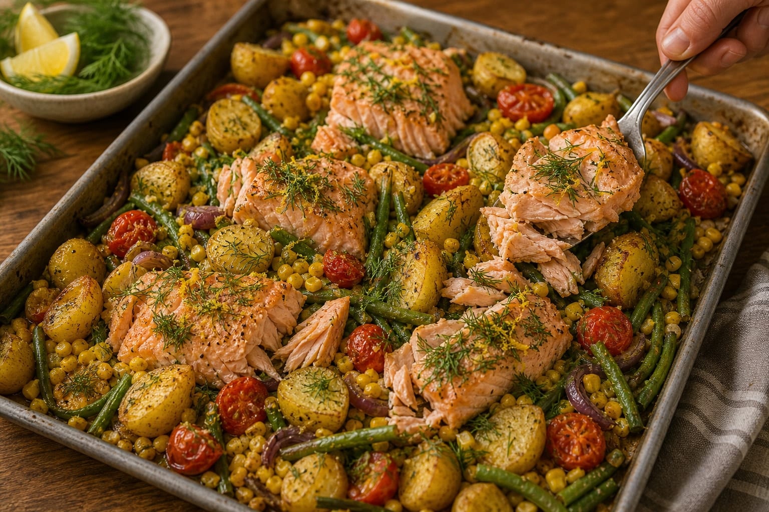 Lemon Salmon Sweetcorn Potato Traybake with Dill cooking step 6: Finish with dill.