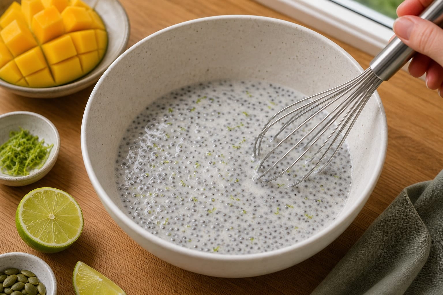 Mango Coconut Chia Breakfast Pots with Lime cooking step 1: Mix the chia base.