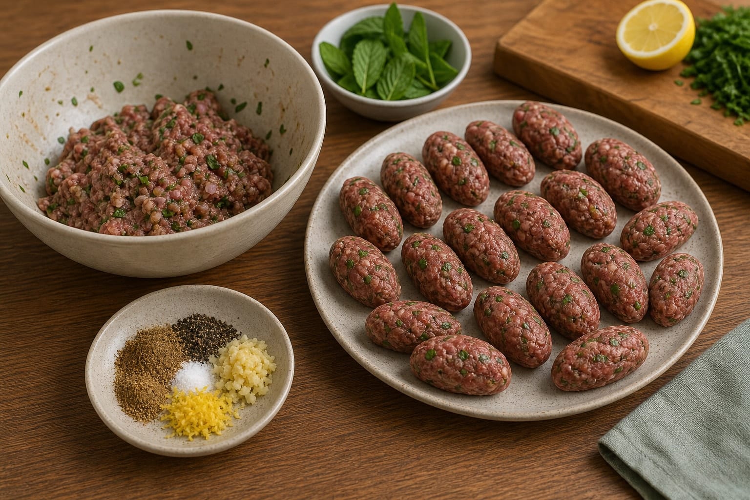 Minted Lamb Kofta Flatbreads with Cucumber Yoghurt cooking step 2: Shape the koftas.