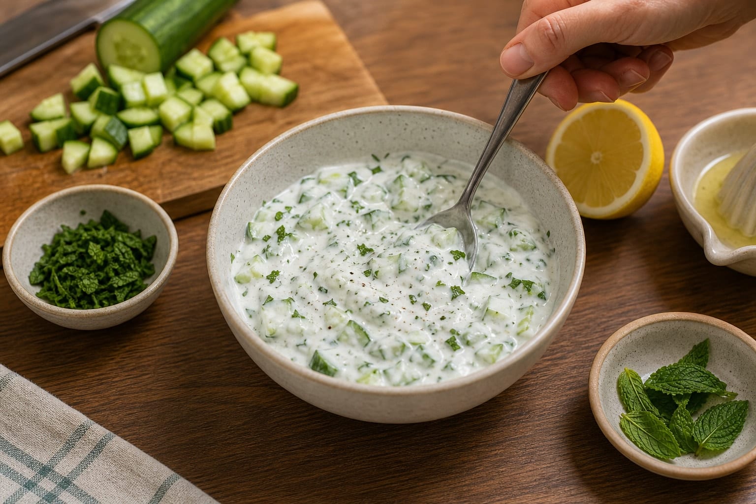 Minted Lamb Kofta Flatbreads with Cucumber Yoghurt cooking step 3: Make the cucumber yoghurt.