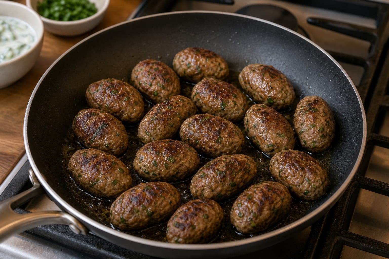 Minted Lamb Kofta Flatbreads with Cucumber Yoghurt cooking step 4: Cook the koftas.